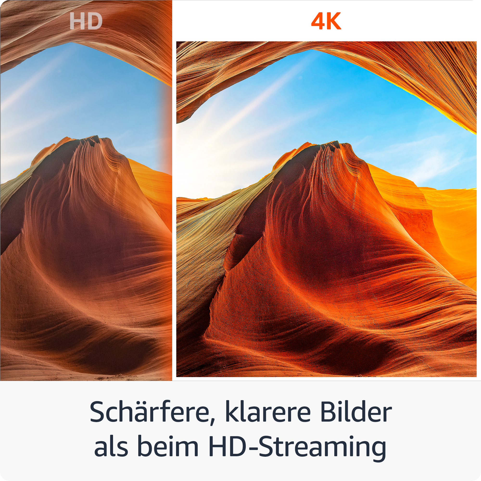 HD- und 4K-Ansichten von Antelope Canyon mit roten Felsen und blauem Himmel.