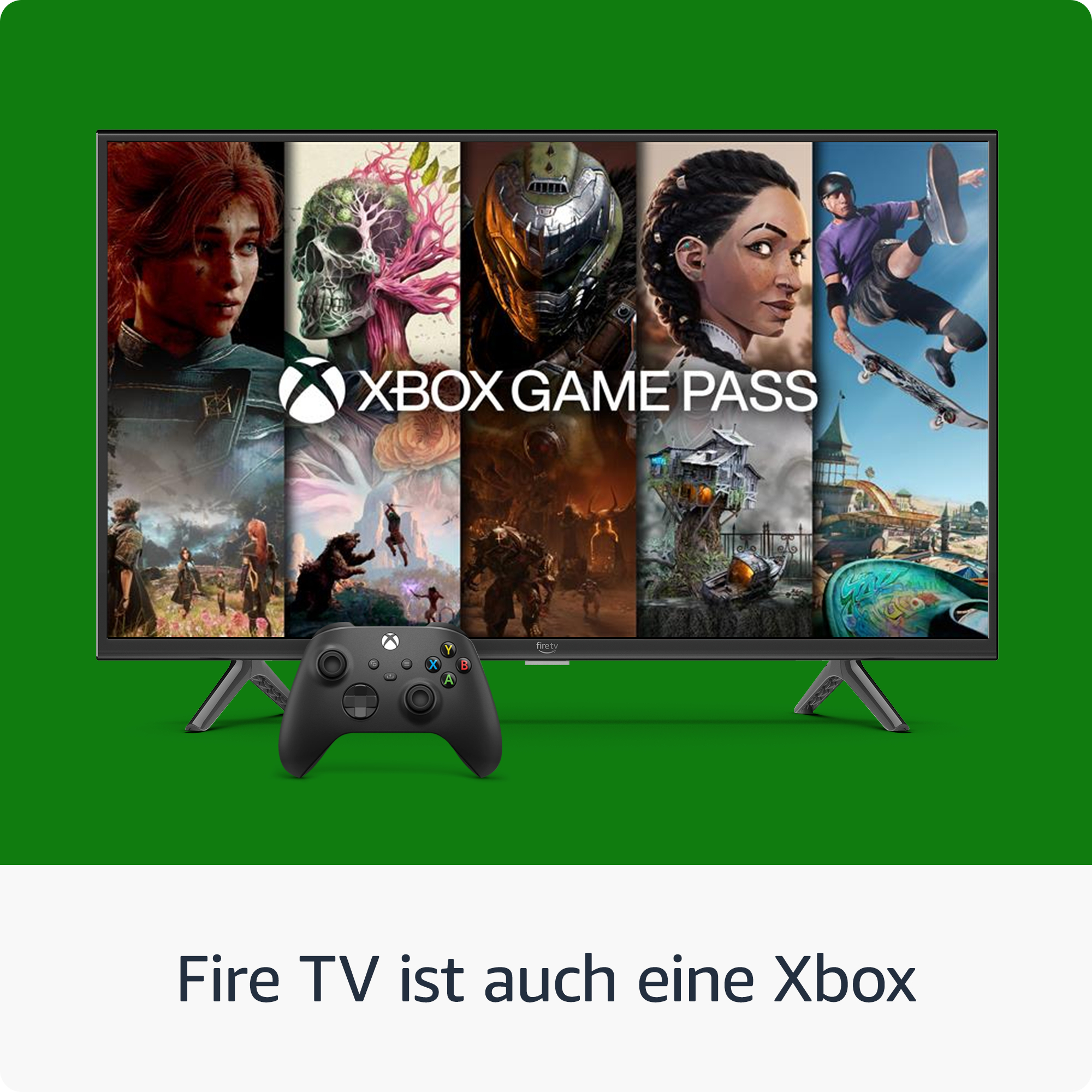 Ein Fernsehbildschirm zeigt Xbox Game Pass-Spiele, darunter eine Frau, ein Totenkopf, einen Helm und einen Skateboarder.