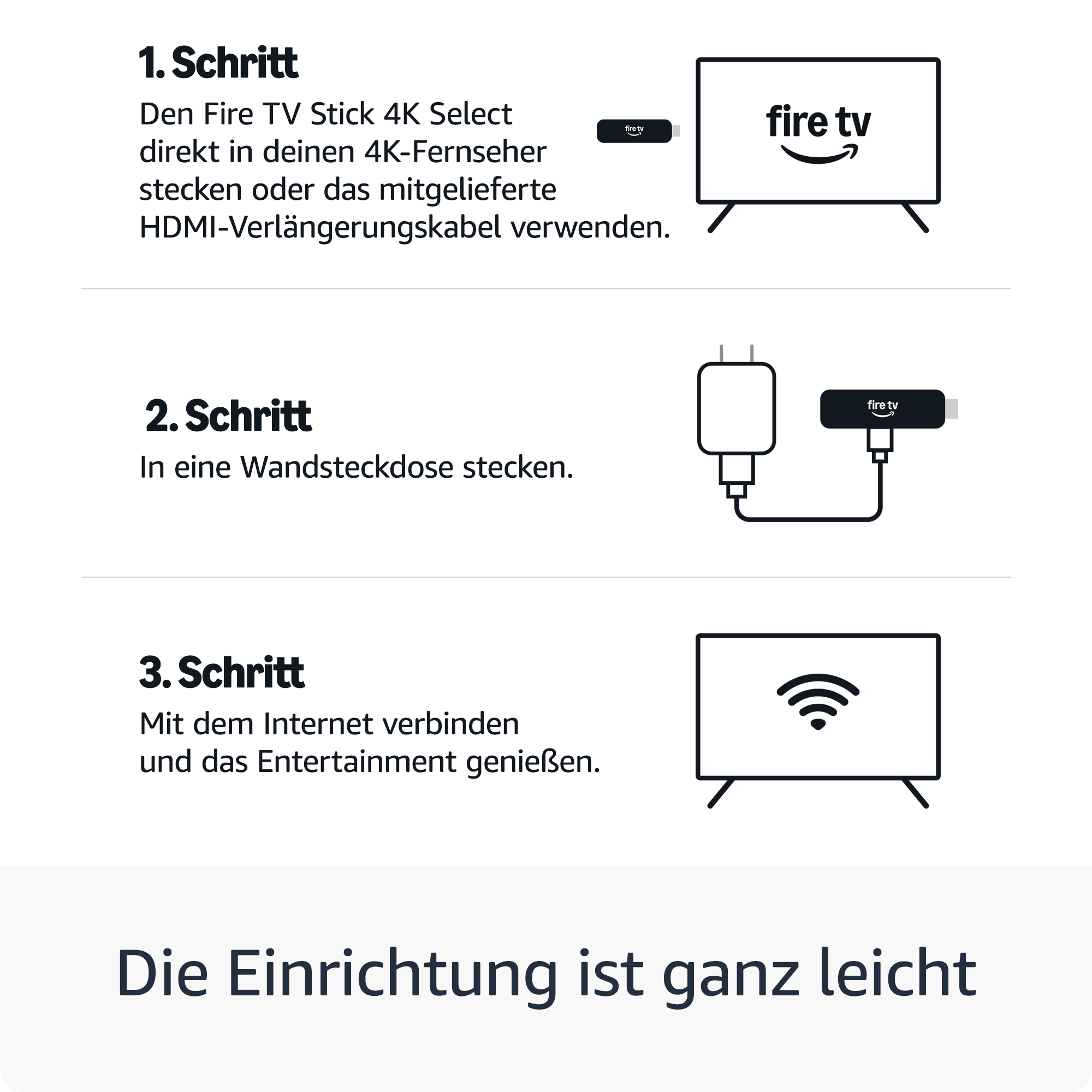 Schritt 1-3: Fire TV Stick anschließen, einstecken, verbinden. Einrichtung ist leicht.