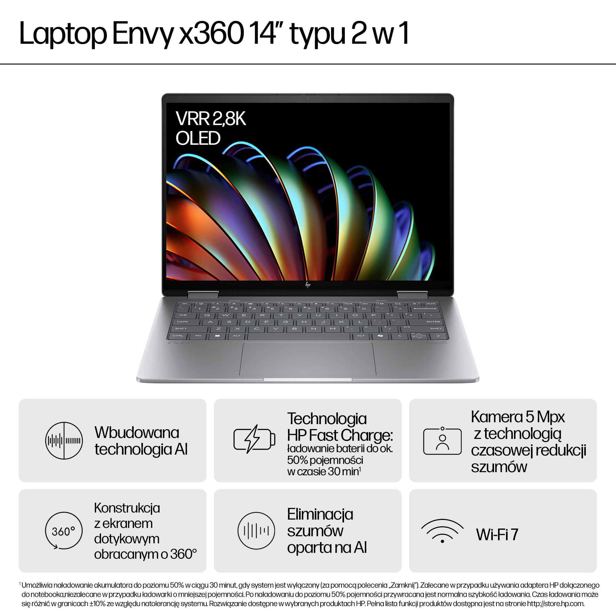 Srebrny laptop konwertowalny HP Envy x360 14" z wyświetlaczem OLED VRR 2,8K i klawiaturą.