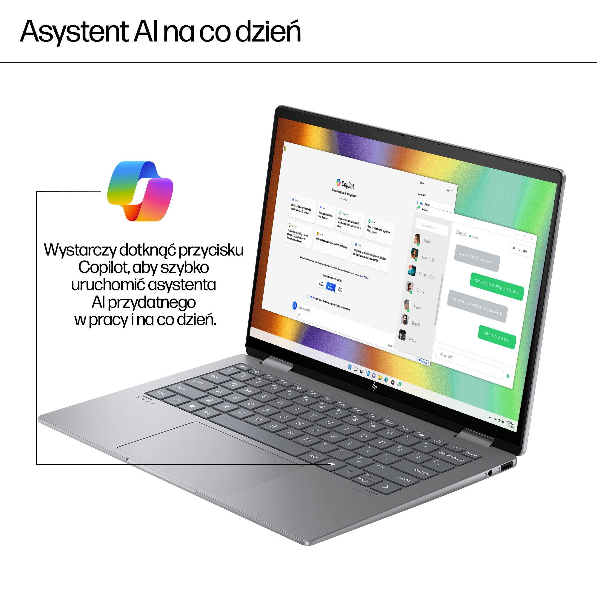 Laptop prezentuje interfejs AI Copilot z interakcjami czatu i kolorową grafiką tła.