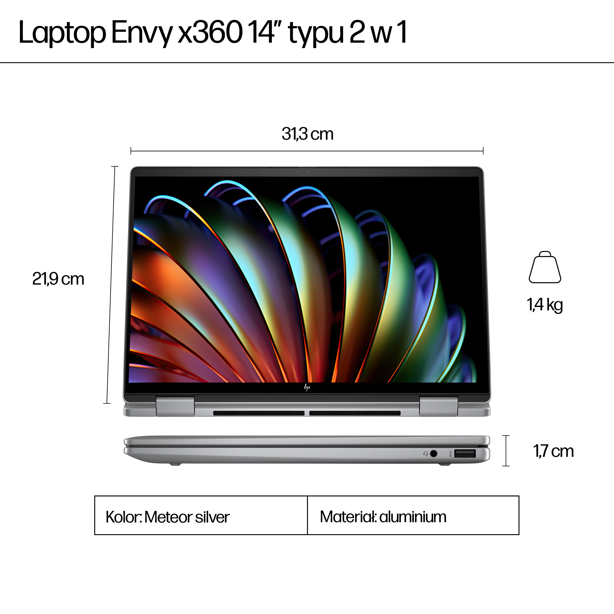 Srebrny laptop HP Envy x360 14" z wymiarami i wagą.