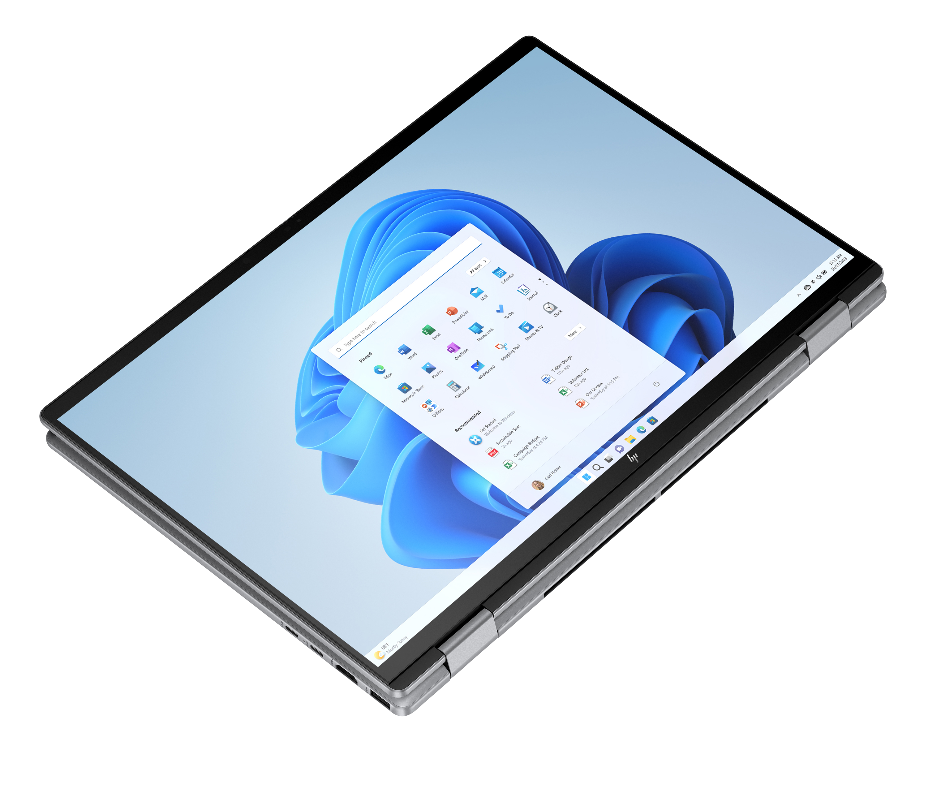 Laptop wyświetlający system Windows 11 z otwartym menu Start.