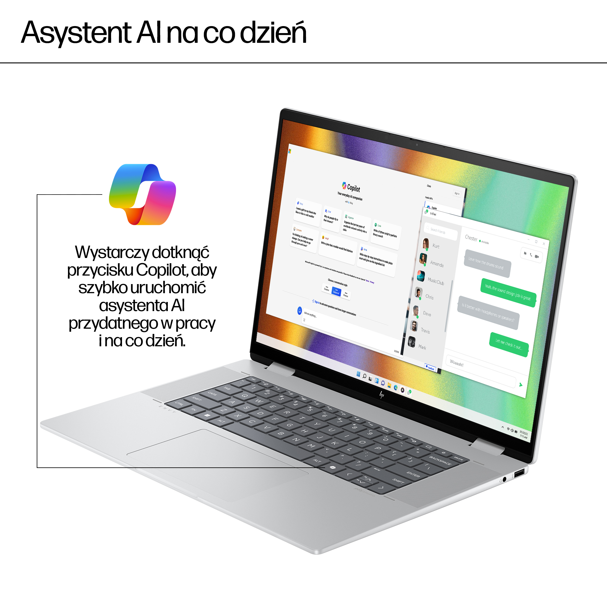 Laptop prezentuje interfejs Copilot AI z oknem czatu i kolorową grafiką tła.