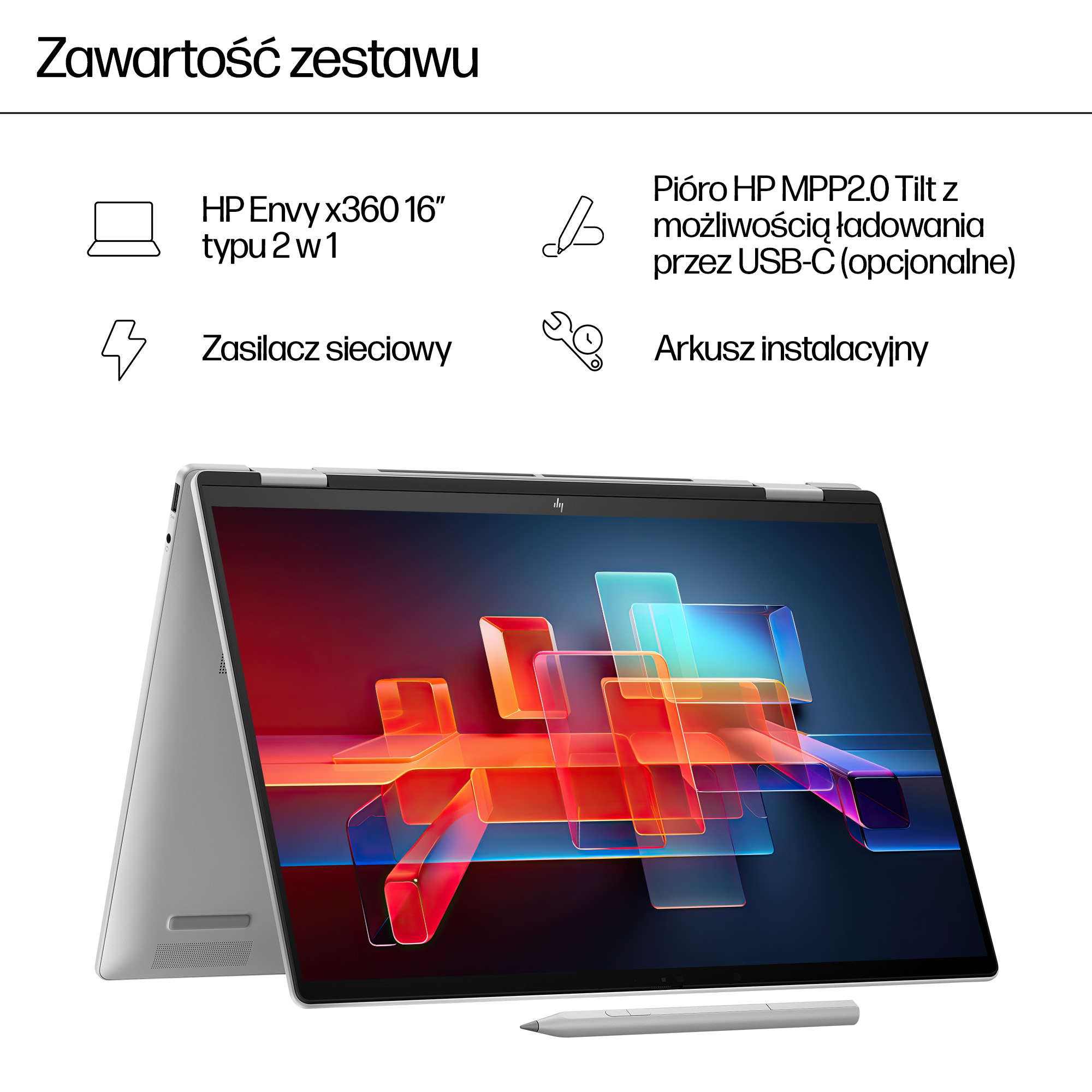 Srebrny laptop HP Envy x360 z piórem i abstrakcyjnym tłem.