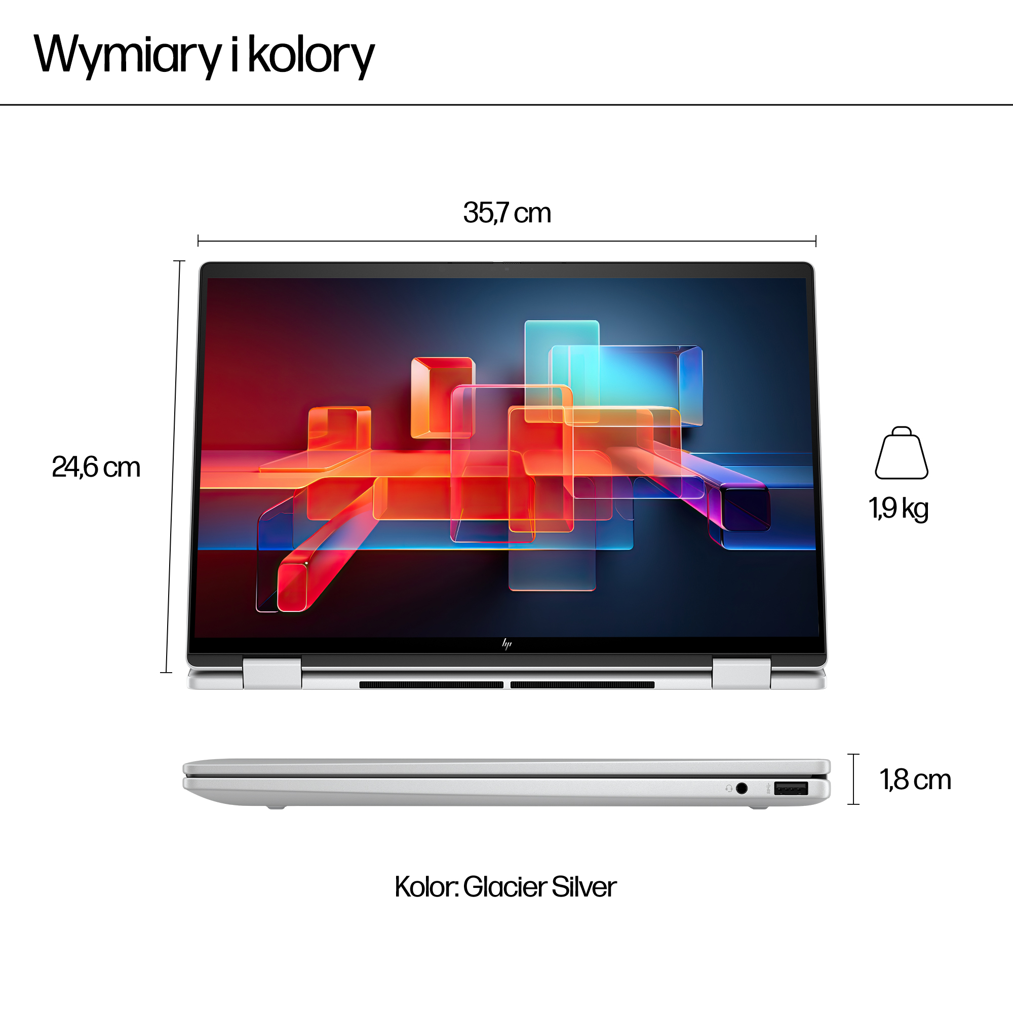 Srebrny laptop o wymiarach 35,7x24,6 cm i grubości 1,8 cm.
