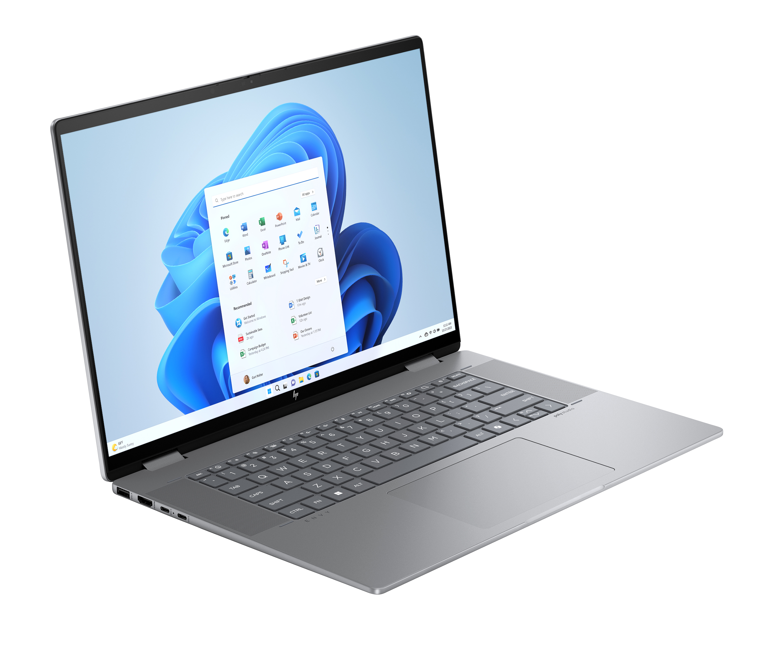 Szary laptop z menu Start systemu Windows 11 i dynamiczną tapetą.