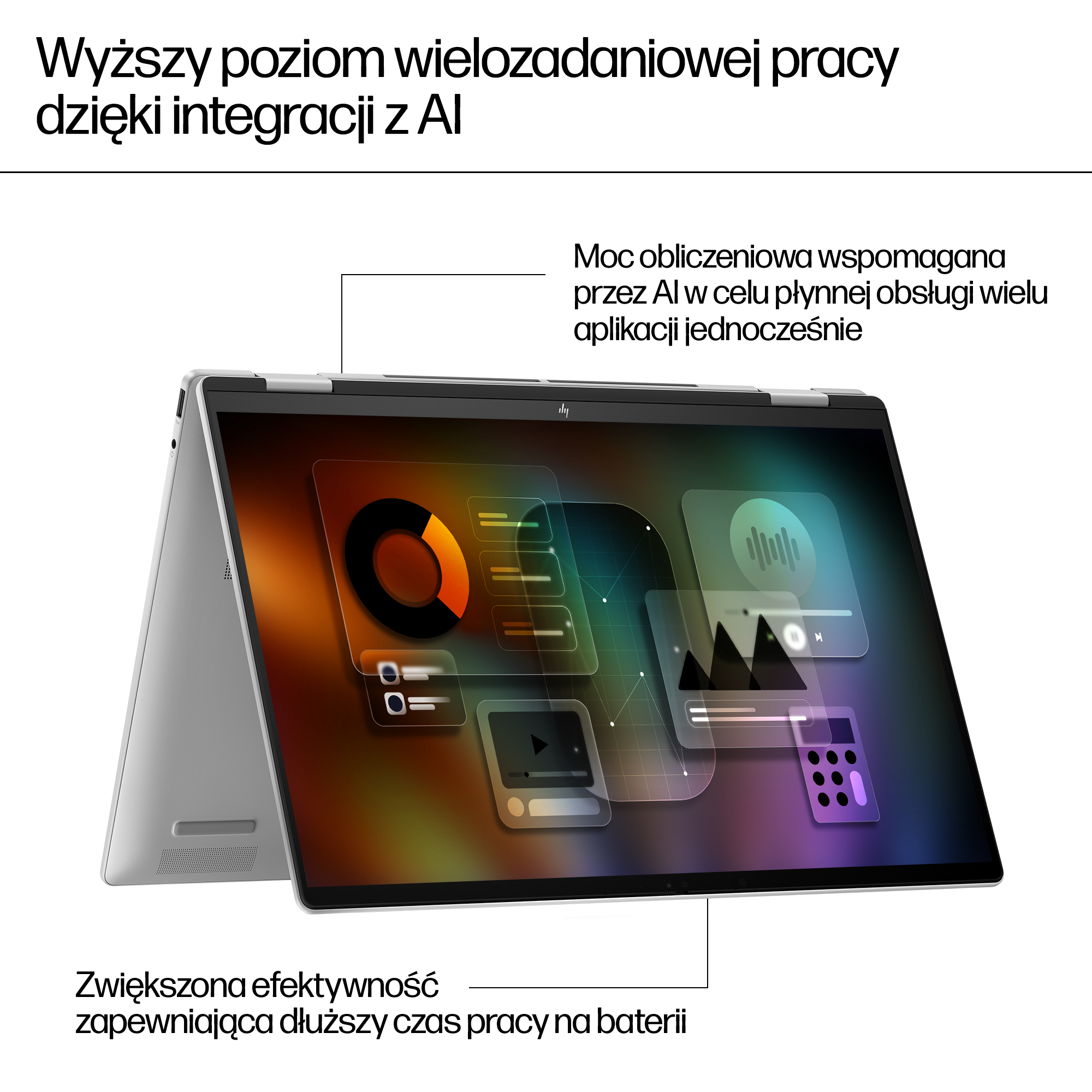 Srebrny laptop z elementami interfejsu i wykresami na ekranie.