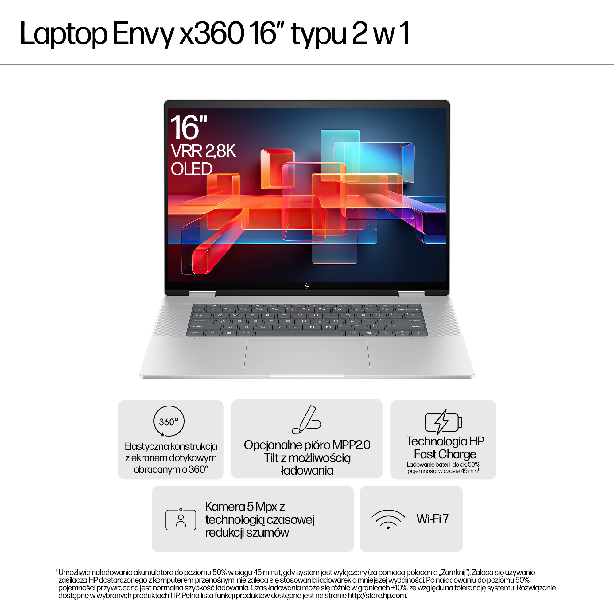 Srebrny laptop HP Envy x360 z 16-calowym ekranem OLED, zawiasem 360°, piórem i szybkim ładowaniem.