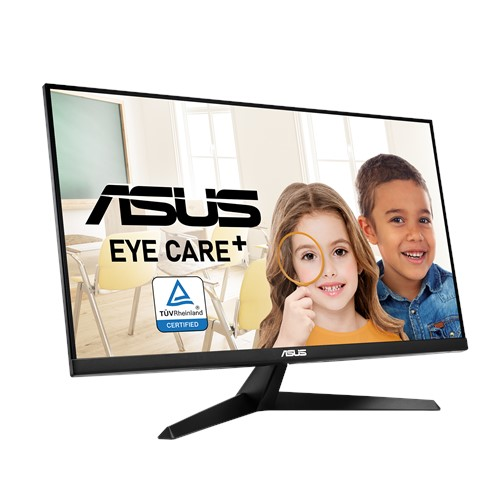 Monitor ASUS Eye Care+ pokazuje dzieci z lupą. Certyfikat TUV Rheinland.
