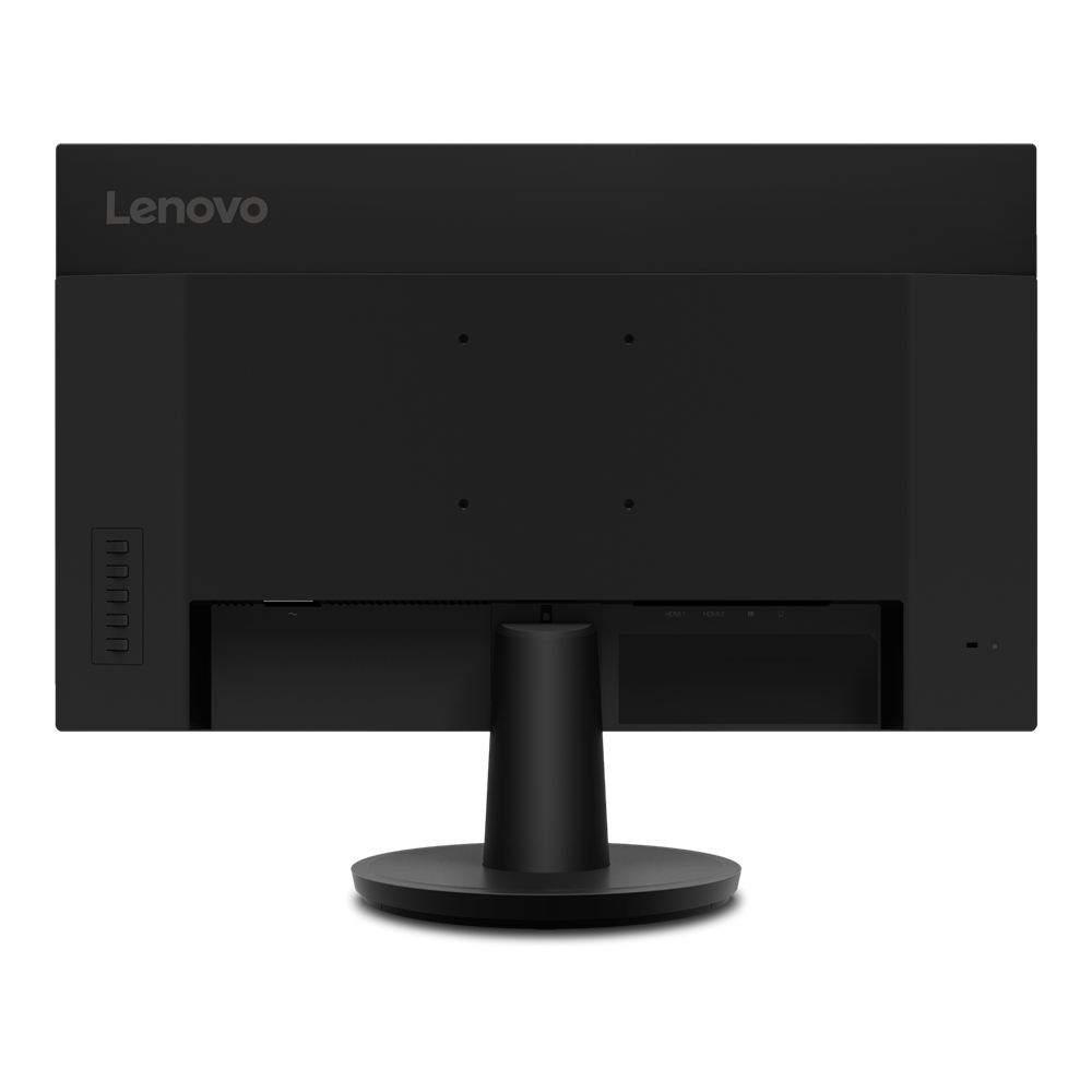 Tył czarnego monitora Lenovo z portami i podstawą.