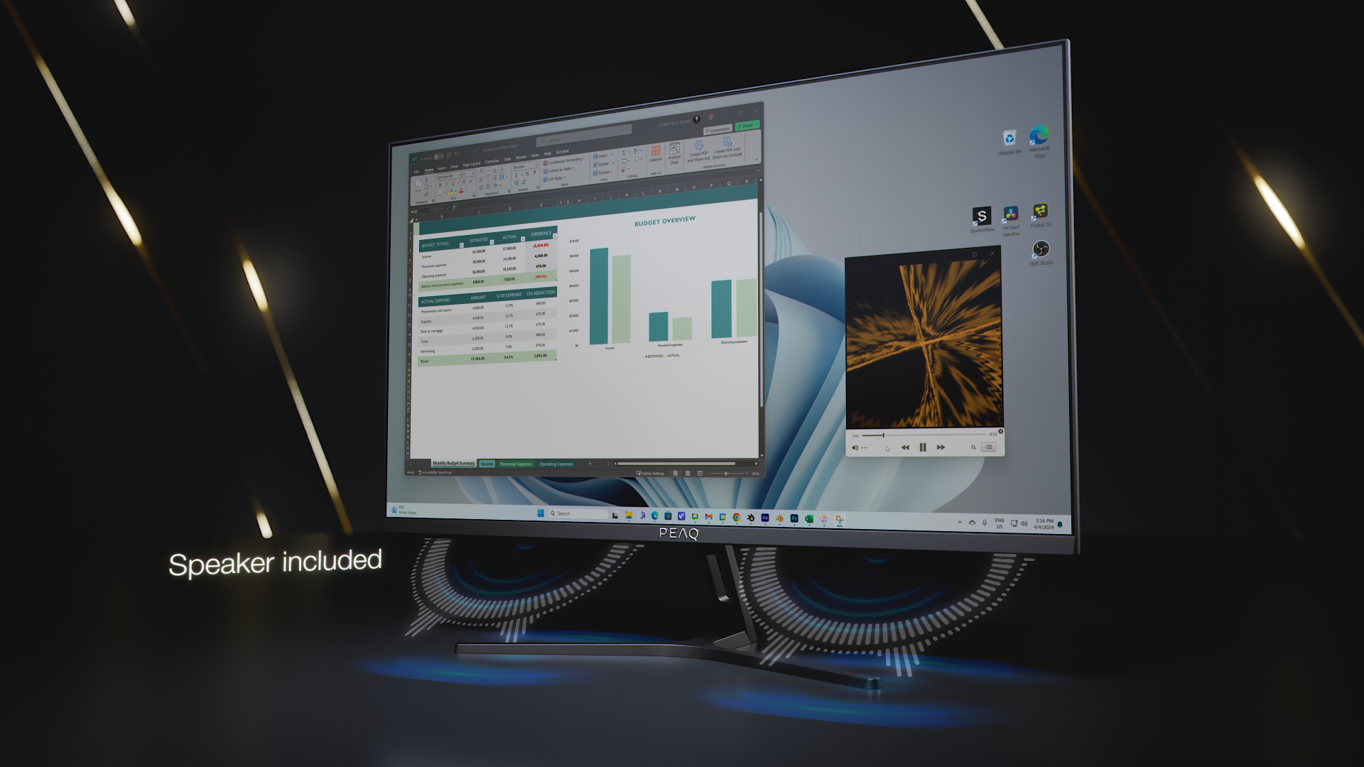 Monitor wyświetla arkusz kalkulacyjny Excel i film. Głośniki w zestawie.
