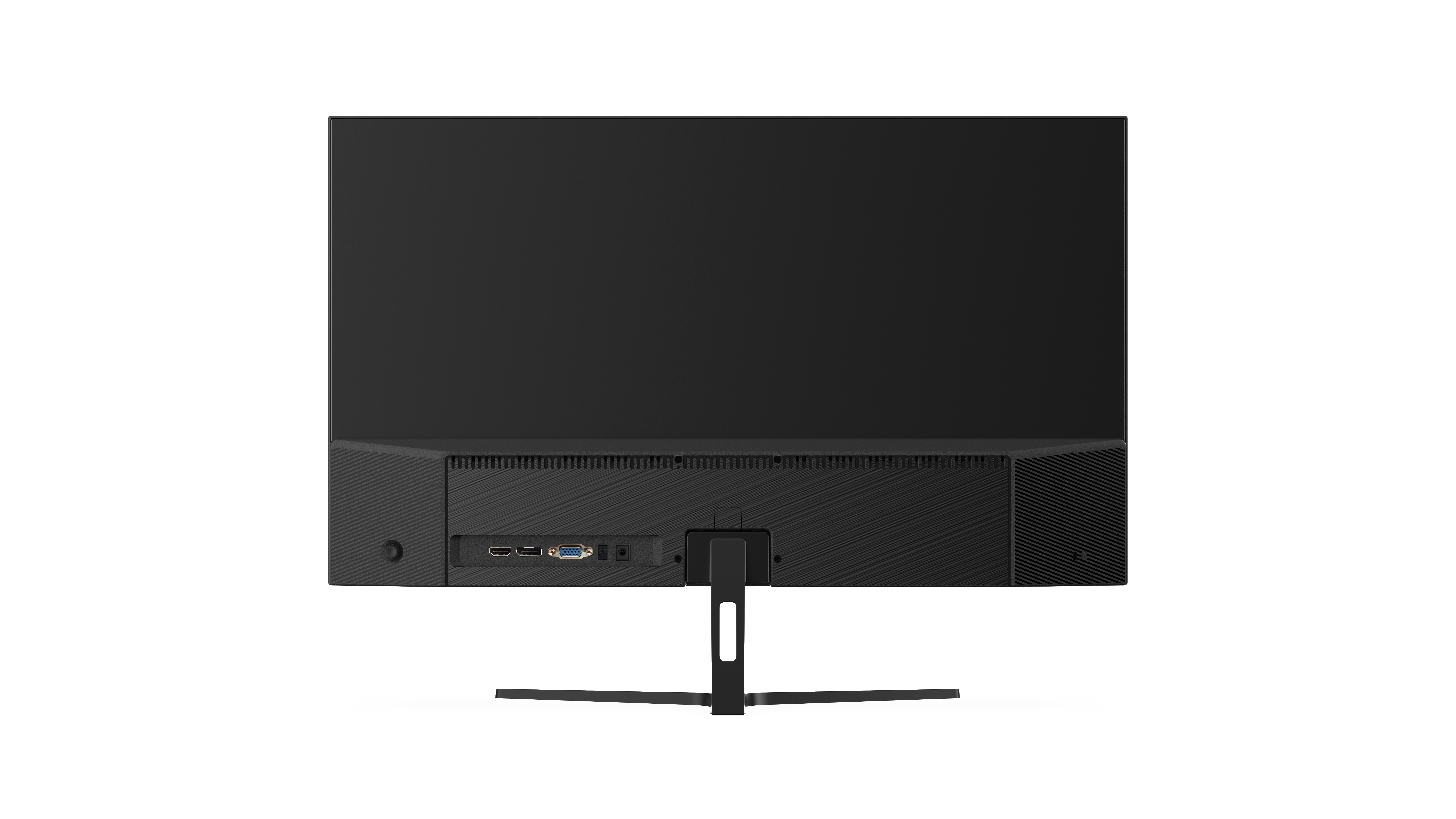 Tył czarnego monitora z portami i podstawką.