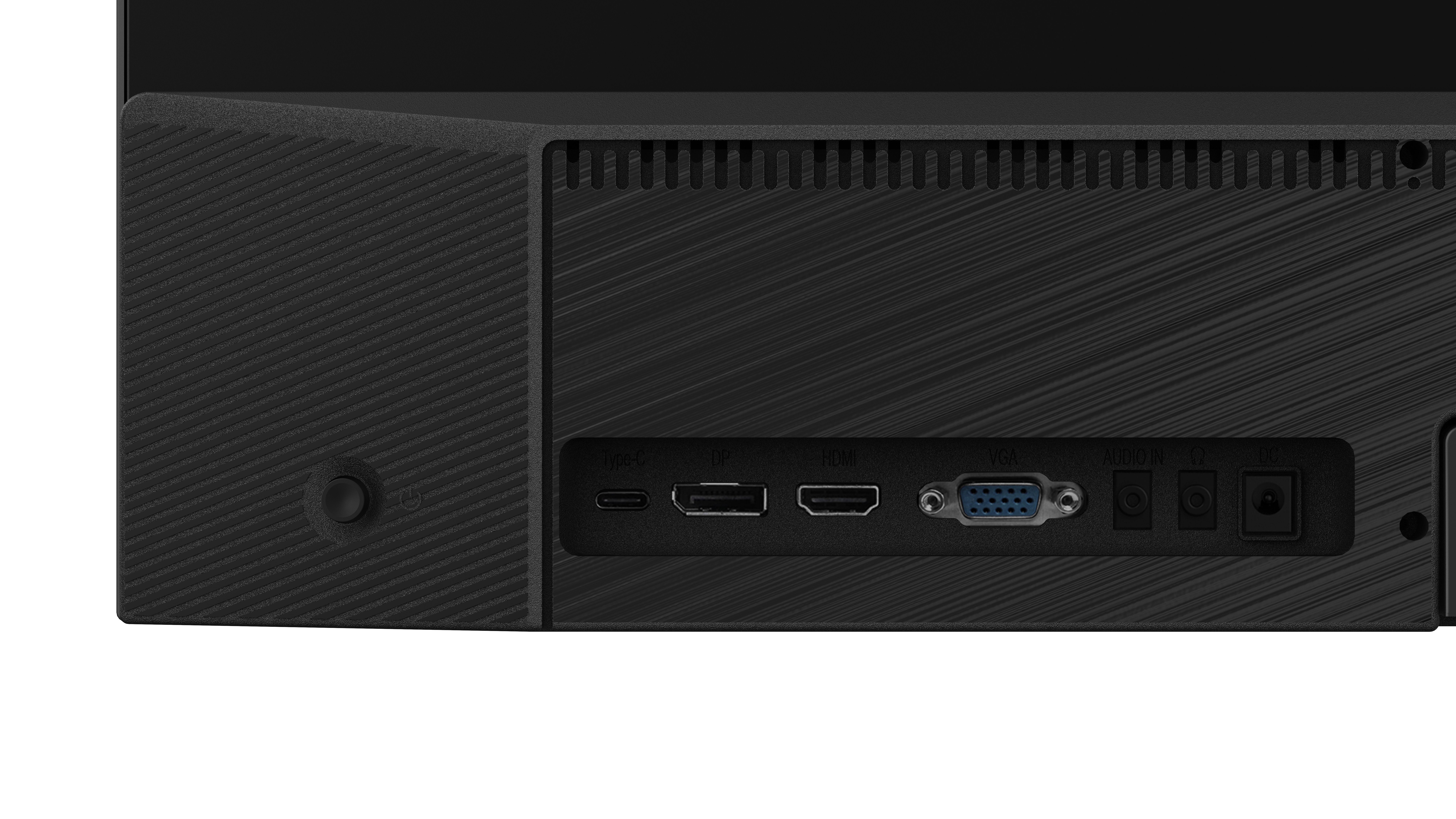 Tył czarnego monitora z portami: USB-C, DP, HDMI, VGA, Audio In, DC.