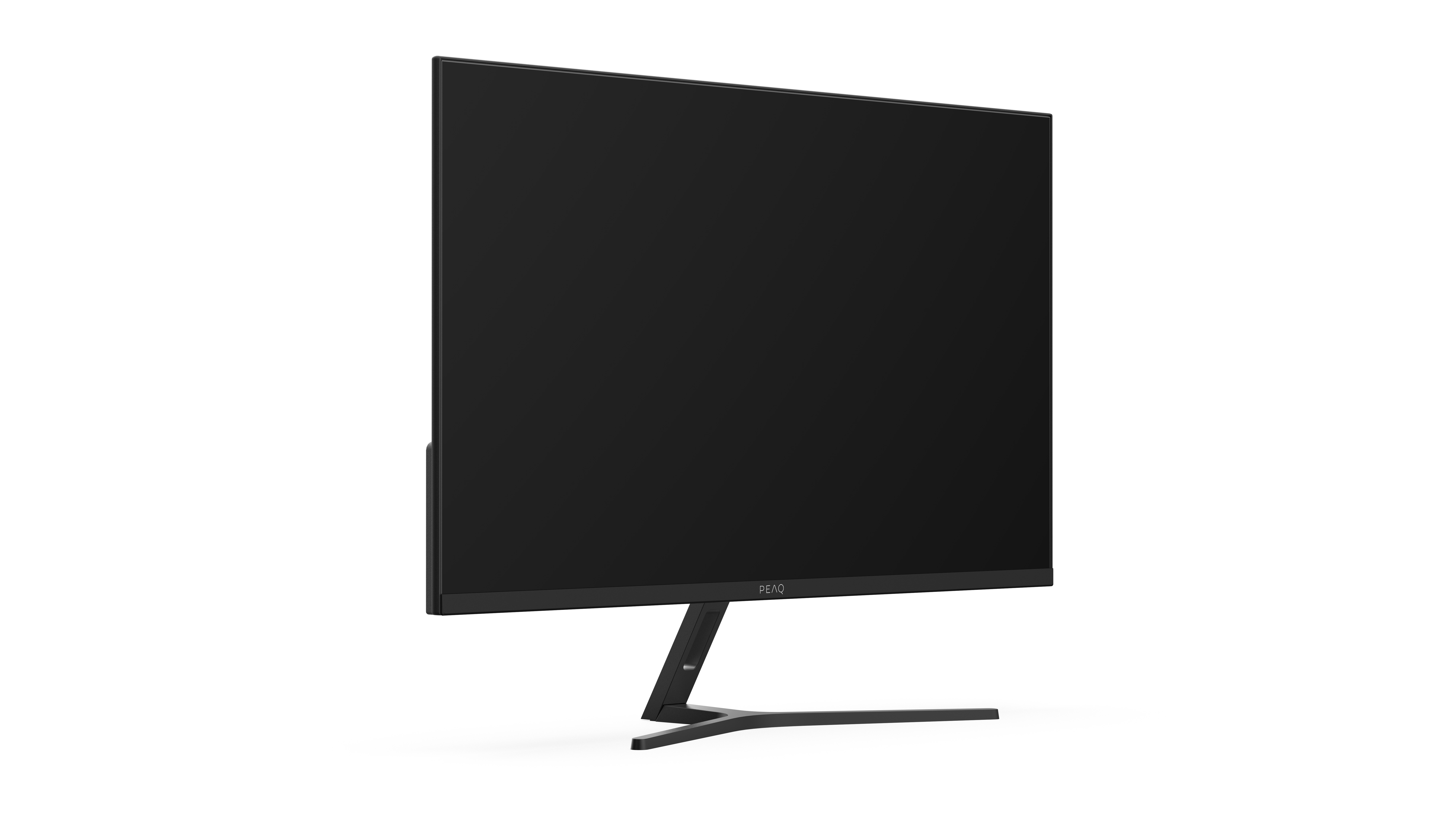 Czarny monitor z cienką podstawą na białym tle.