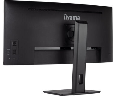Tył czarnego monitora z logo Iiyama i podstawą.