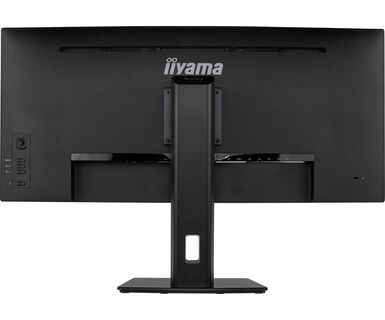 Tył czarnego monitora Iiyama ze stojakiem i portami.