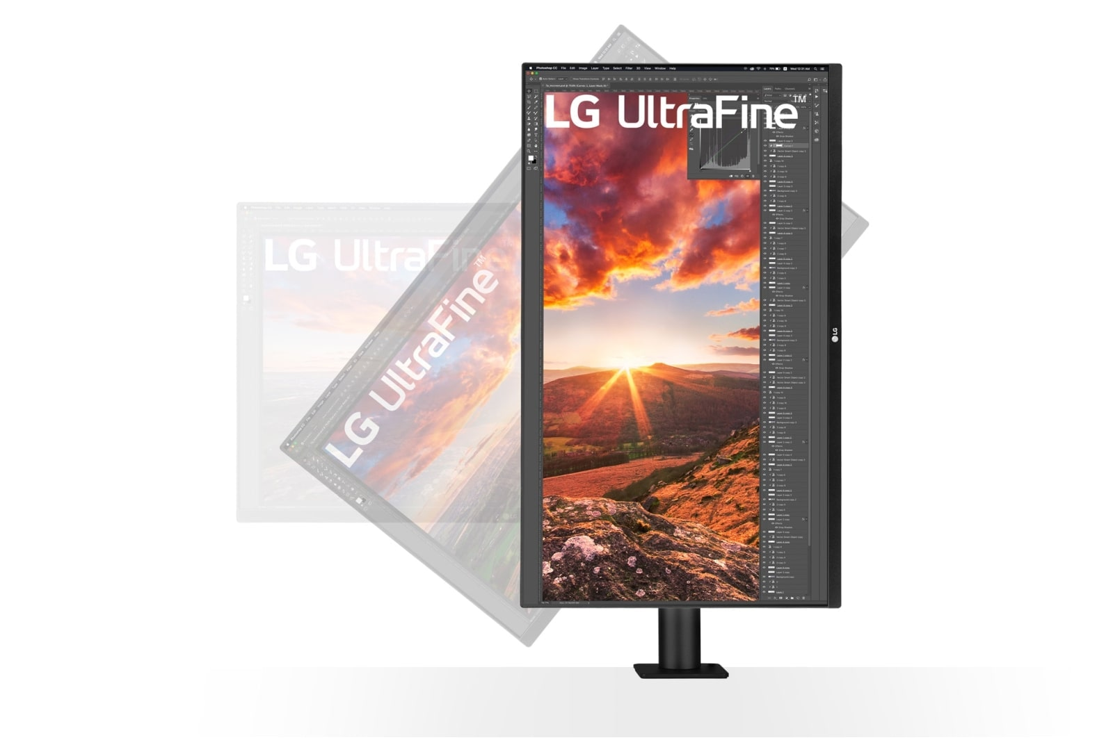 Monitor LG UltraFine wyświetla zachód słońca nad wzgórzami, z interfejsem oprogramowania.
