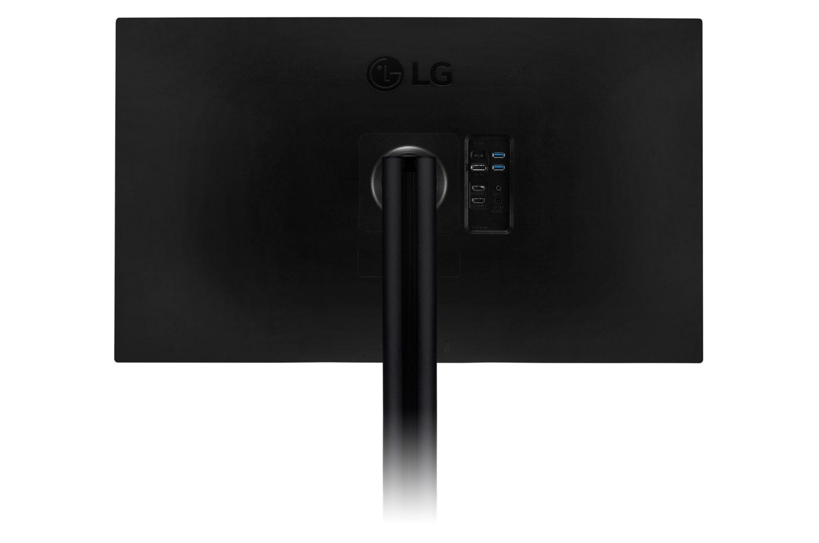 Tył czarnego monitora LG z portami i pionowym stojakiem.