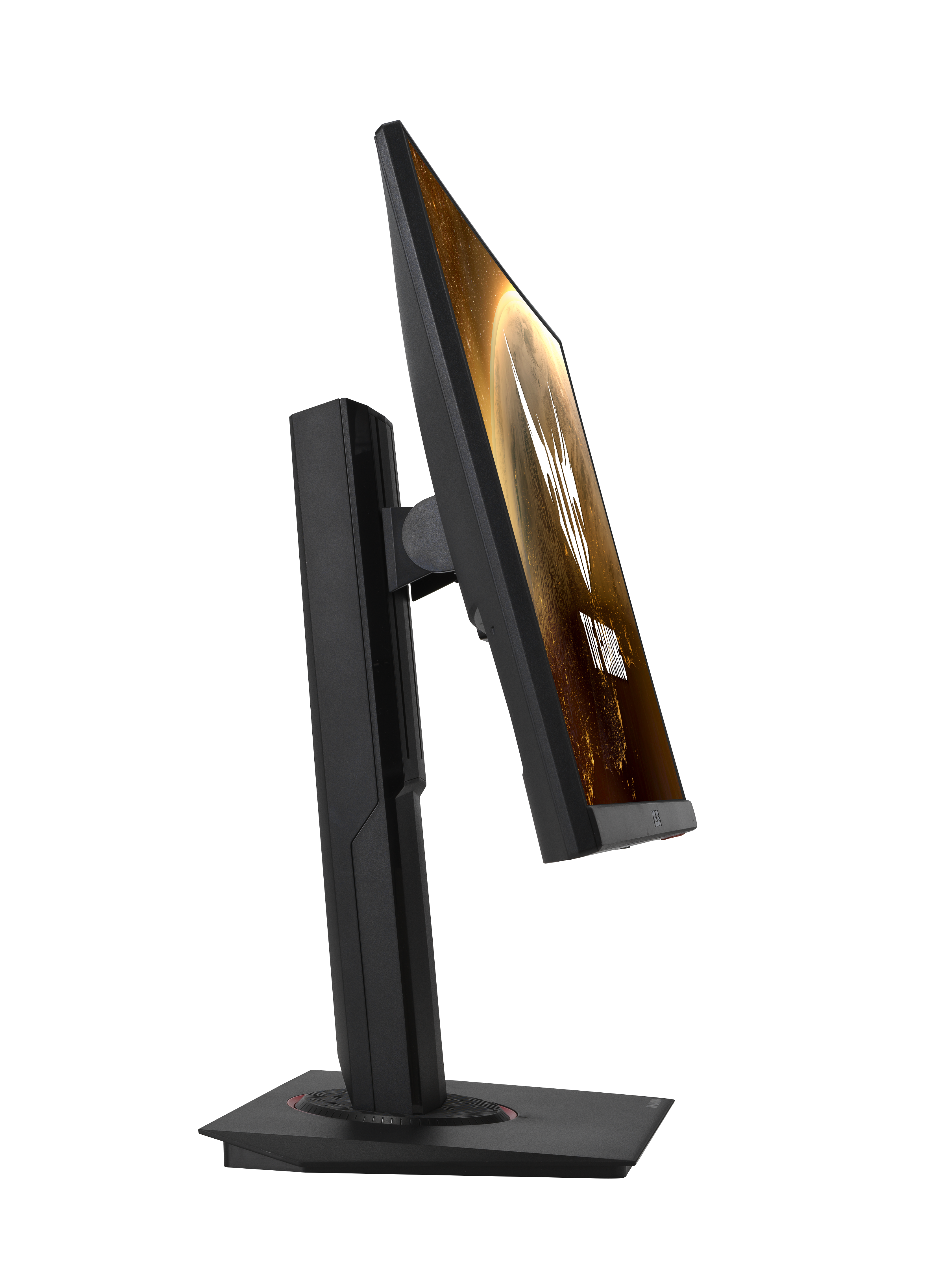 Czarny monitor z ekranem science-fiction na stojaku, na czarnym tle.