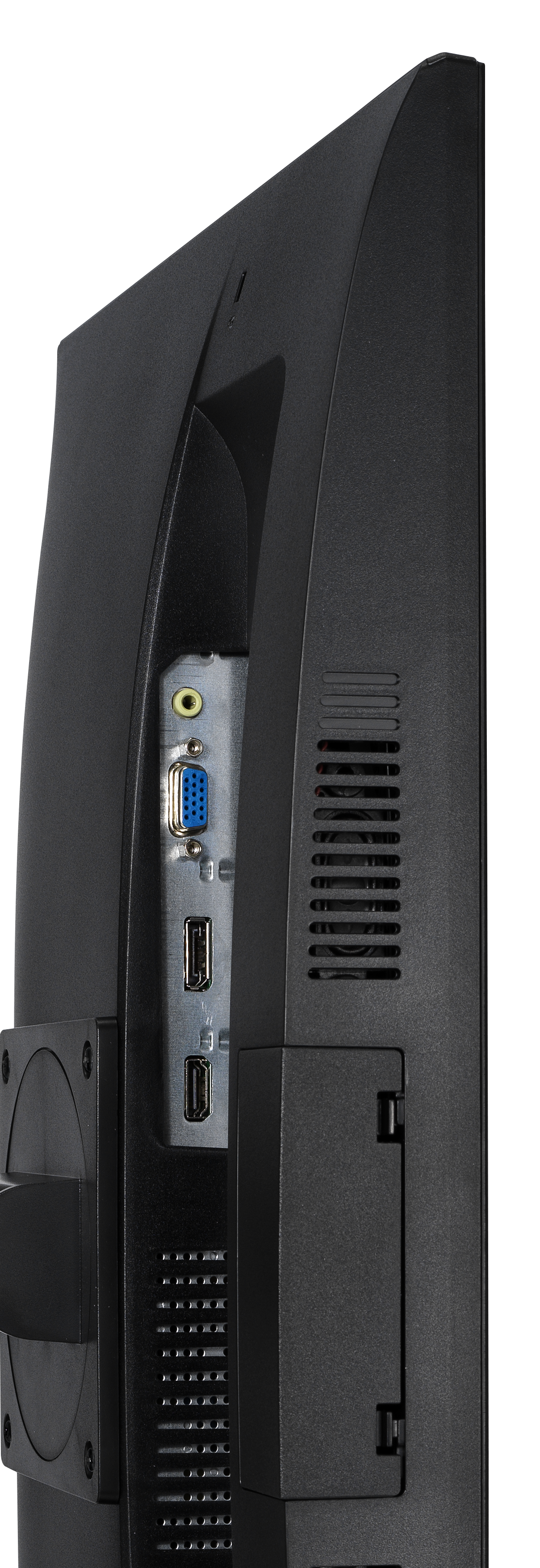 Tył czarnego monitora z portami: VGA, USB i HDMI.