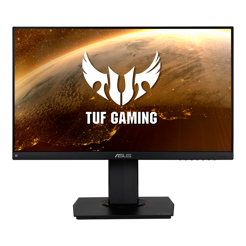 Monitor ASUS TUF GAMING wyświetla Ziemię z kosmosu z logo skrzydła.
