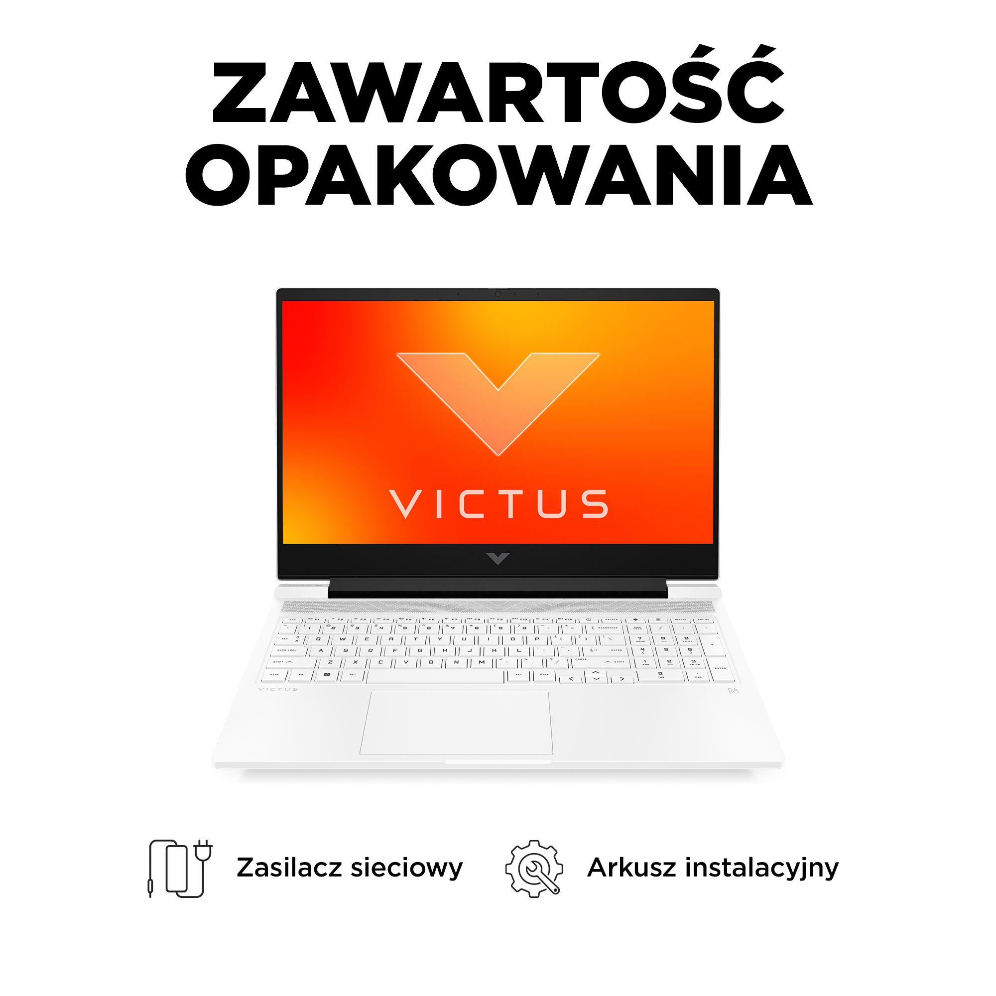 Biały laptop z pomarańczowym ekranem pokazującym logo Victus i ikony.