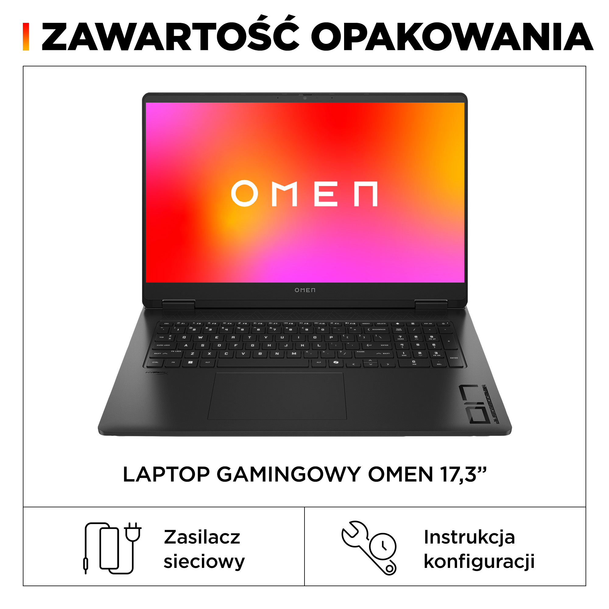 Czarny laptop gamingowy OMEN 17,3 cala z kolorowym logo OMEN na ekranie.