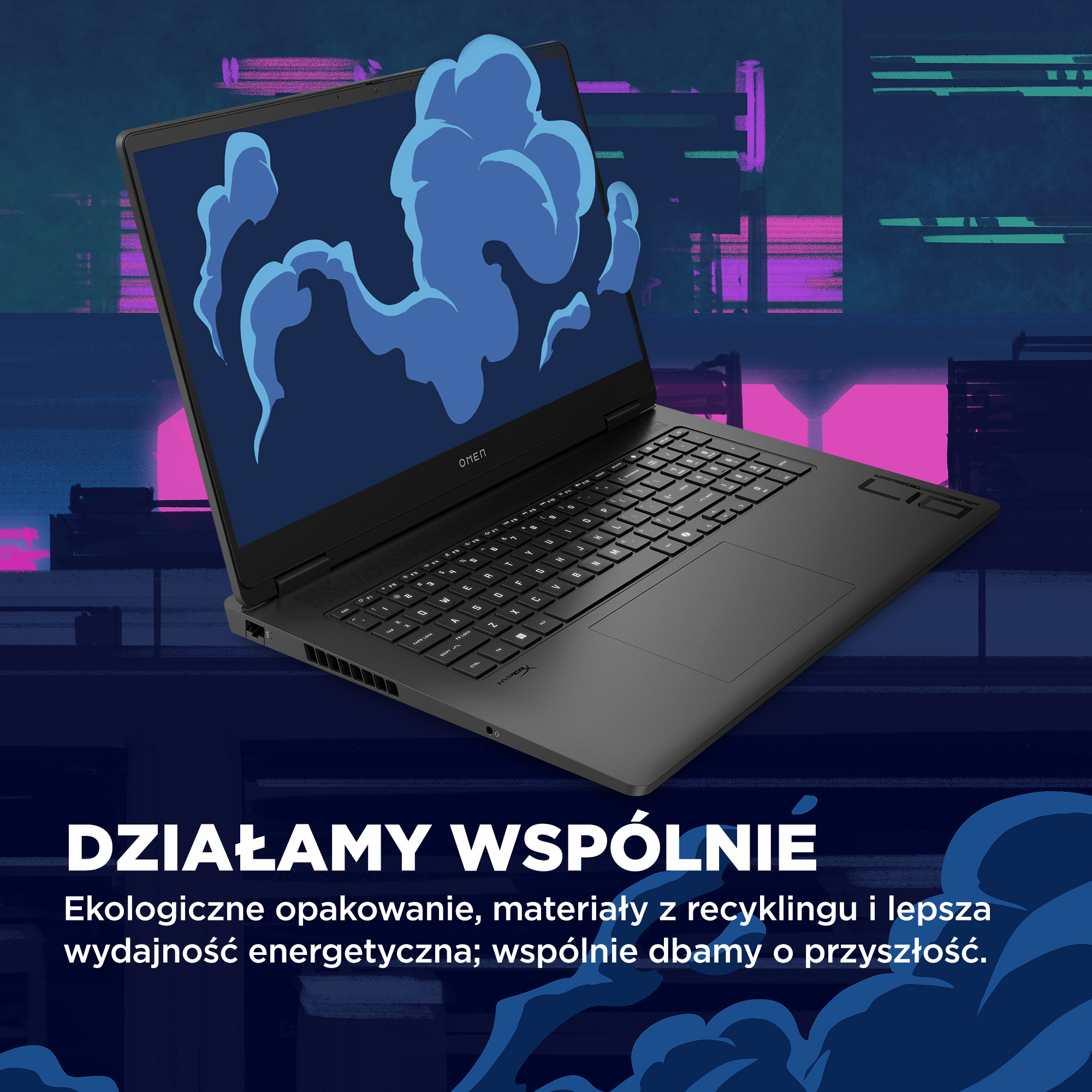 Laptop wyświetla niebieskie chmury dymu na ciemnym, abstrakcyjnym tle.