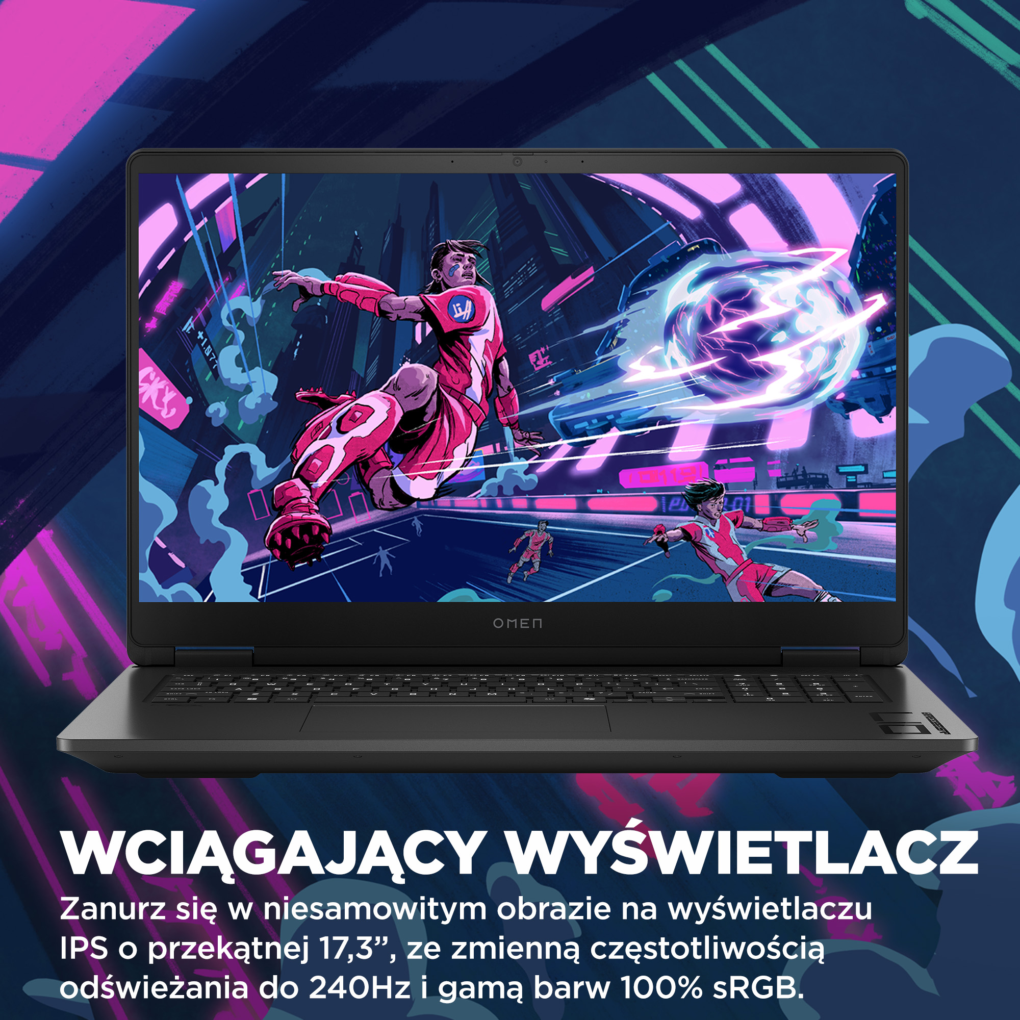 Laptop z dynamiczną grafiką gry na ekranie, pełen energii.