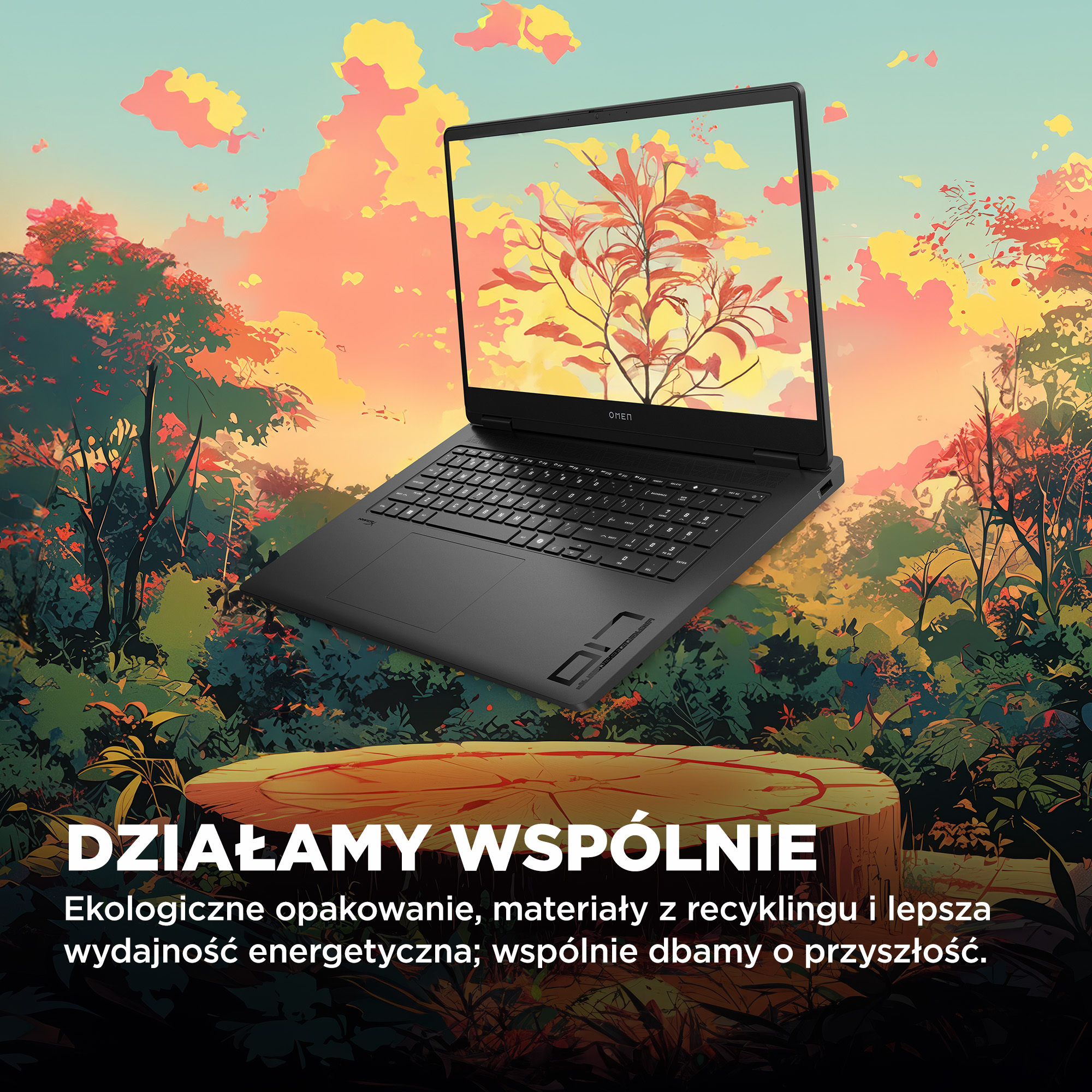 Czarny laptop na tle kolorowego, stylizowanego lasu o zachodzie słońca.