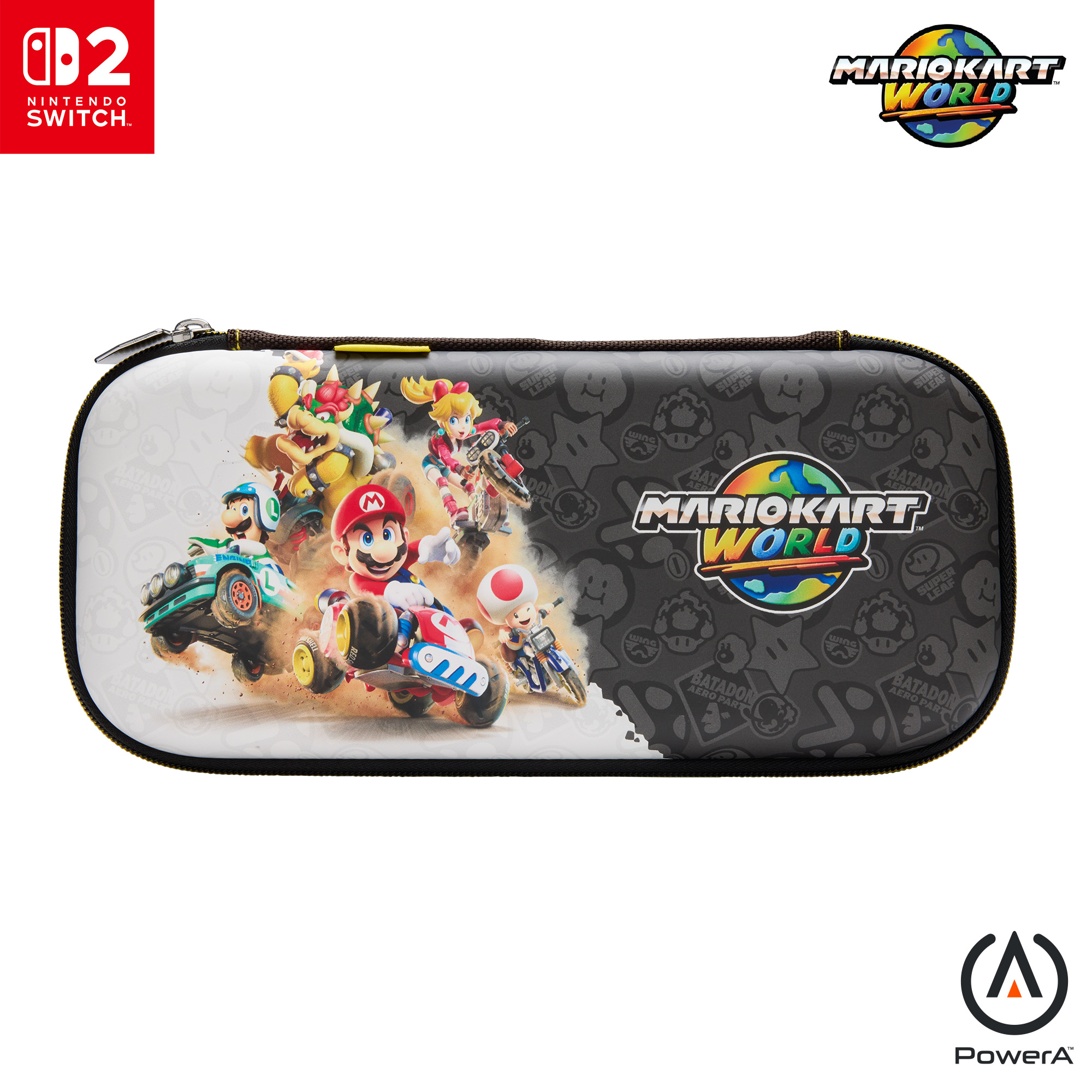 Nintendo Switch Tasche mit Mario Kart World Design, zeigt Charaktere in Karts.