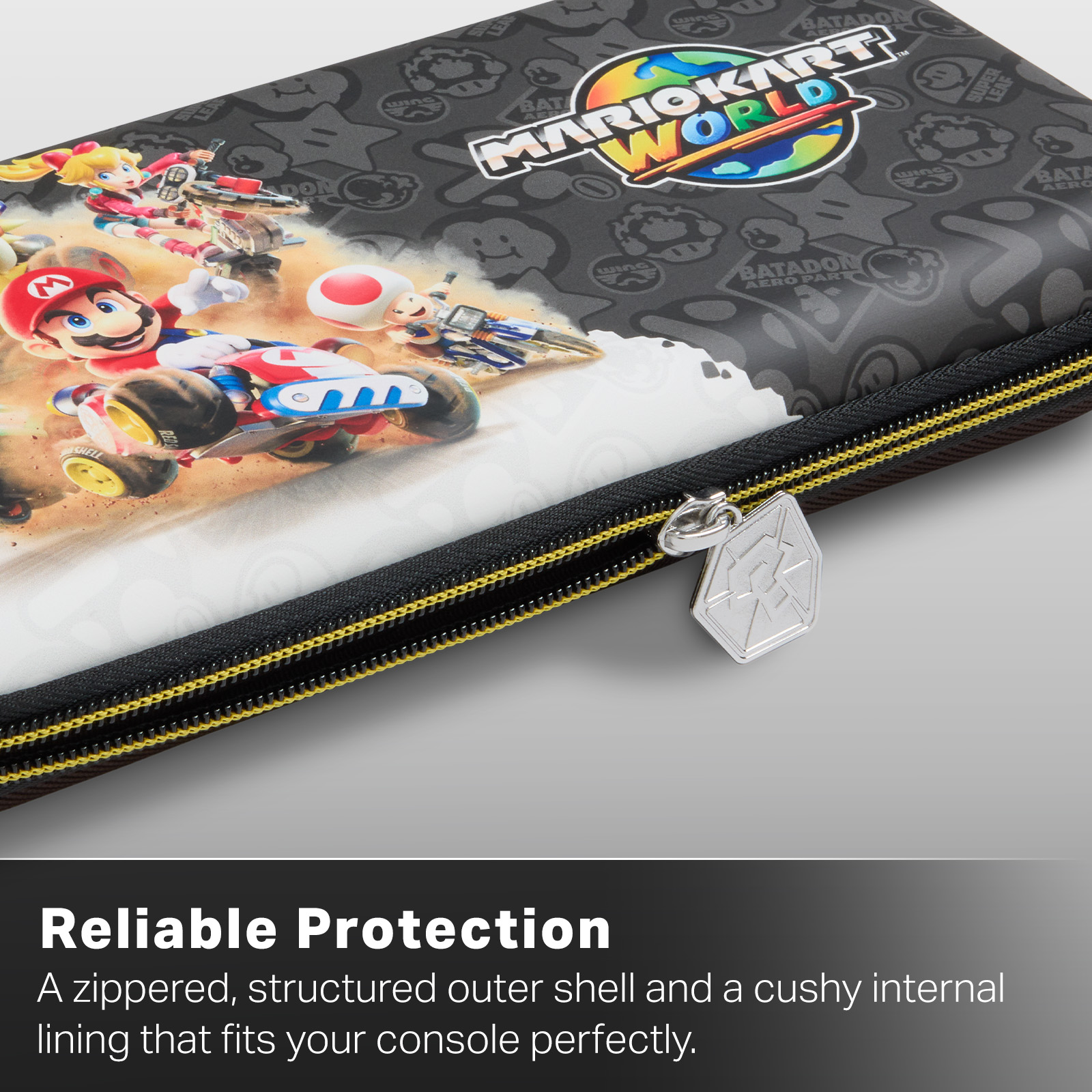 Mario Kart World Tasche mit Reißverschluss, Mario, Peach, Toad, Rennauto.
