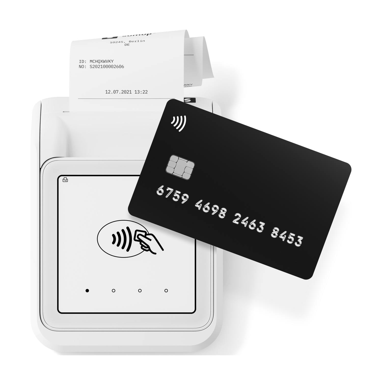 Un lettore di carte con ricevuta e carta di credito nera. Simbolo di pagamento contactless.