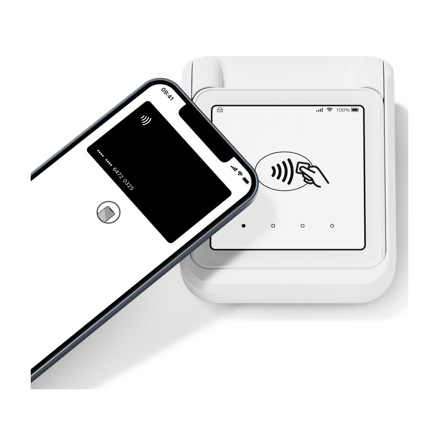 Uno smartphone si avvicina a un terminale di pagamento bianco per transazioni contactless.