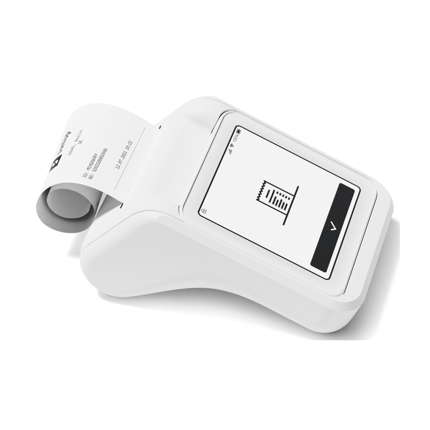 Un terminale SumUp bianco con scontrino stampato e schermo.