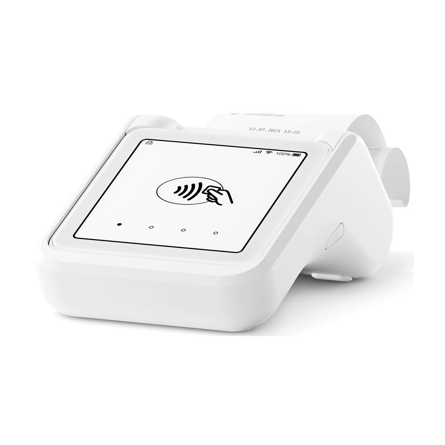 Un terminale di pagamento bianco con schermo che mostra un simbolo di pagamento contactless.