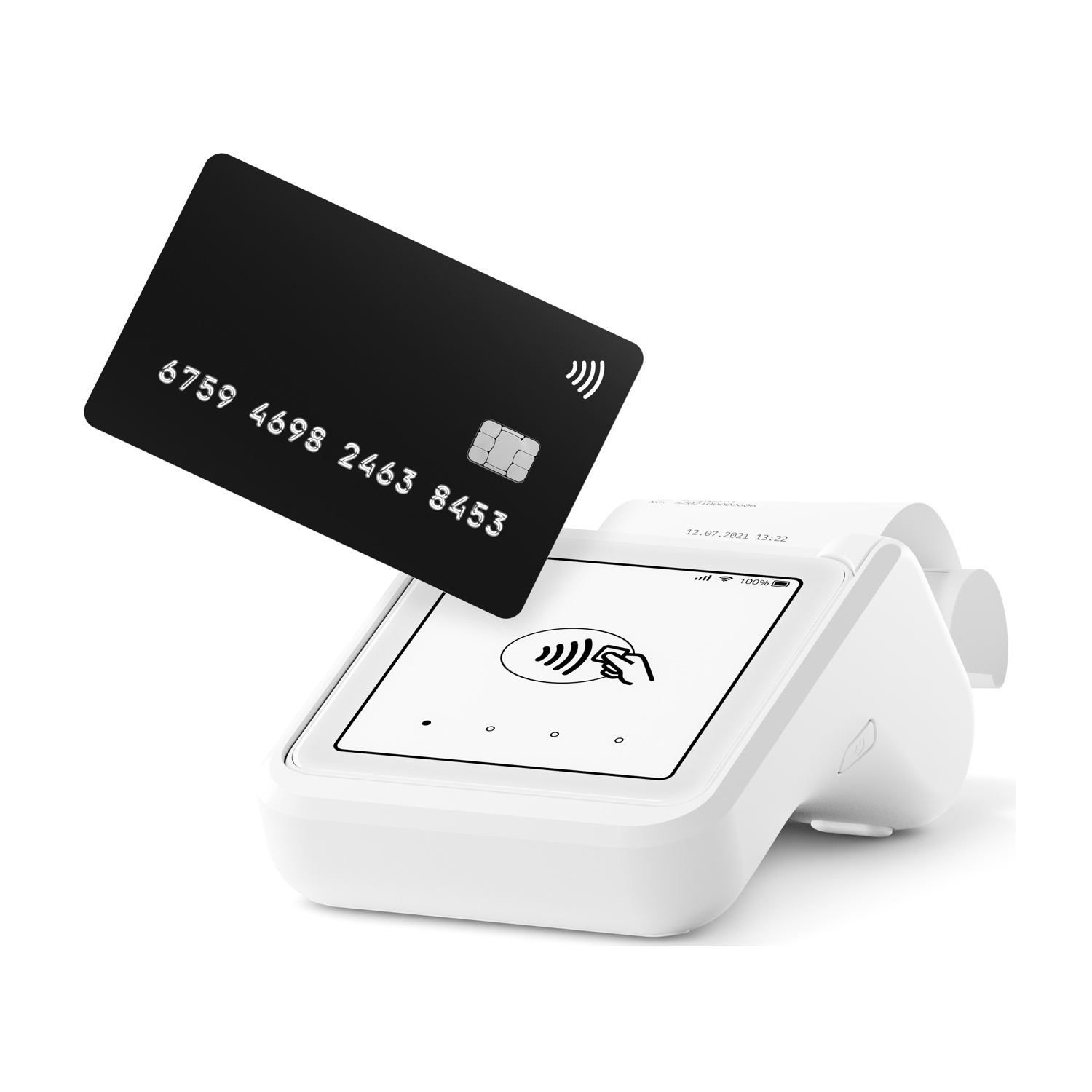 Una carta di credito nera si avvicina a un terminale di pagamento bianco con simbolo NFC.