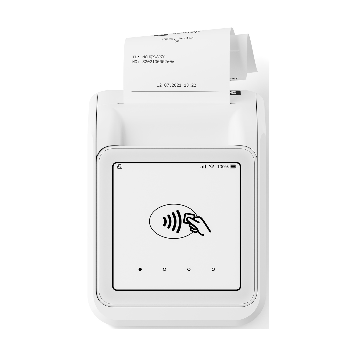 Un terminale POS bianco con ricevuta stampata e simbolo di pagamento contactless sullo schermo.