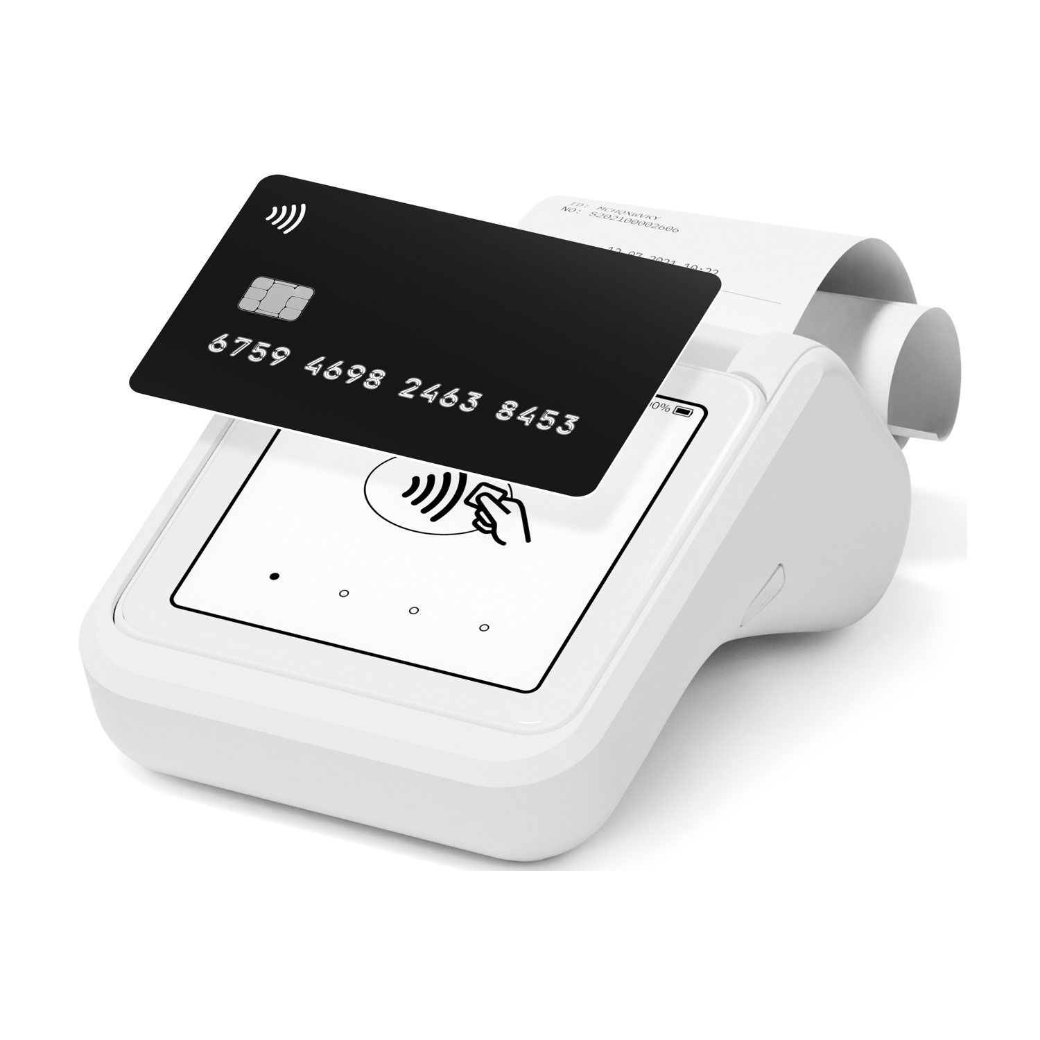 Una carta di credito nera poggiata su un lettore di carte bianco.