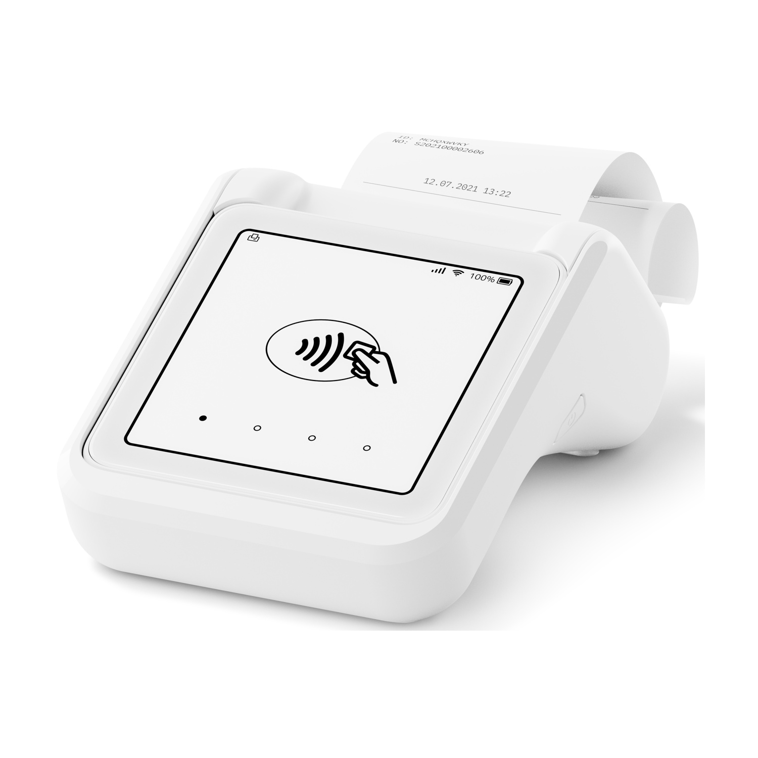 Un terminale di pagamento bianco con touchscreen che mostra un'icona di pagamento contactless.