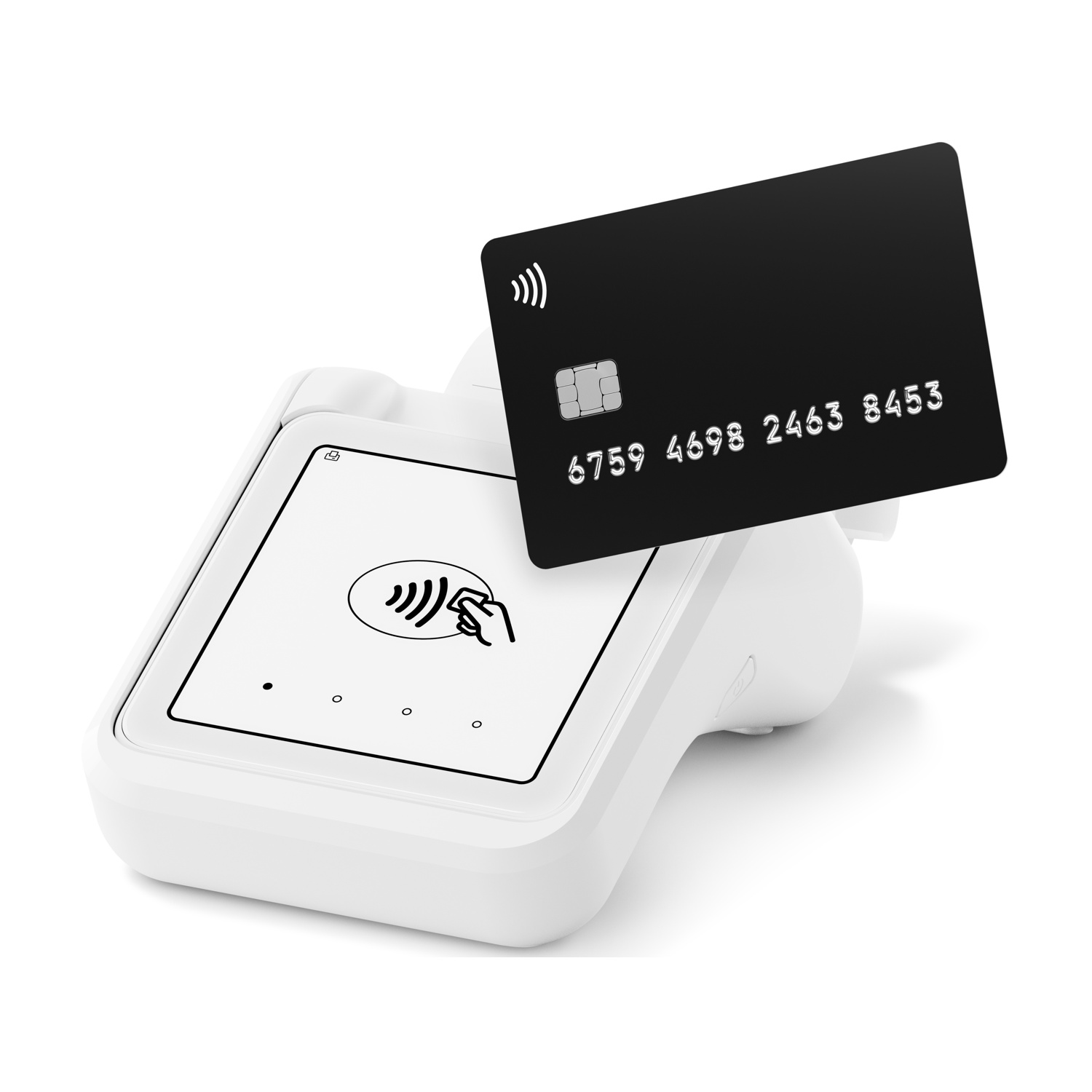 Una carta nera contactless poggia su un lettore di carte bianco.