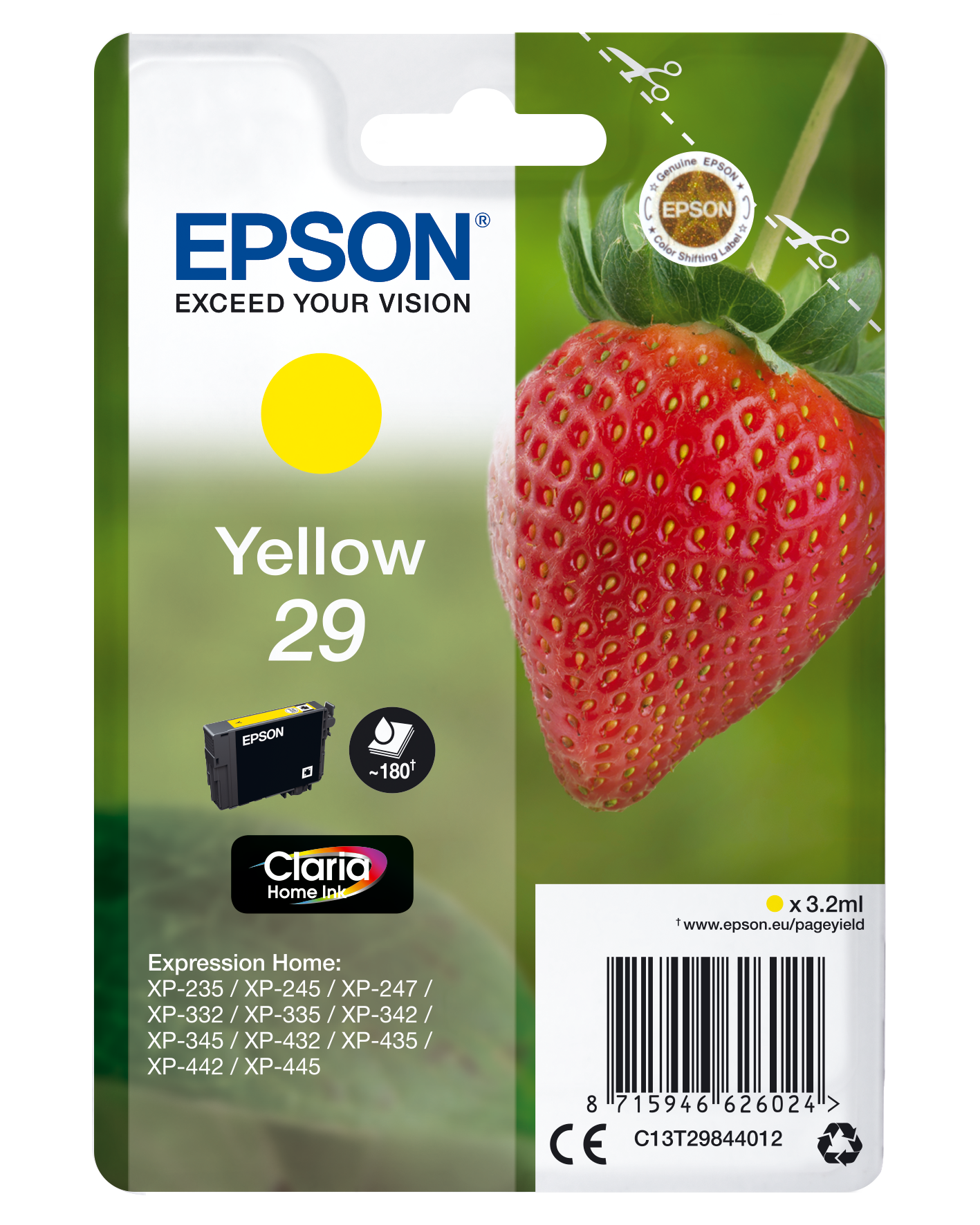 Żółty tusz Epson 29 z truskawką i kodem kreskowym na opakowaniu.