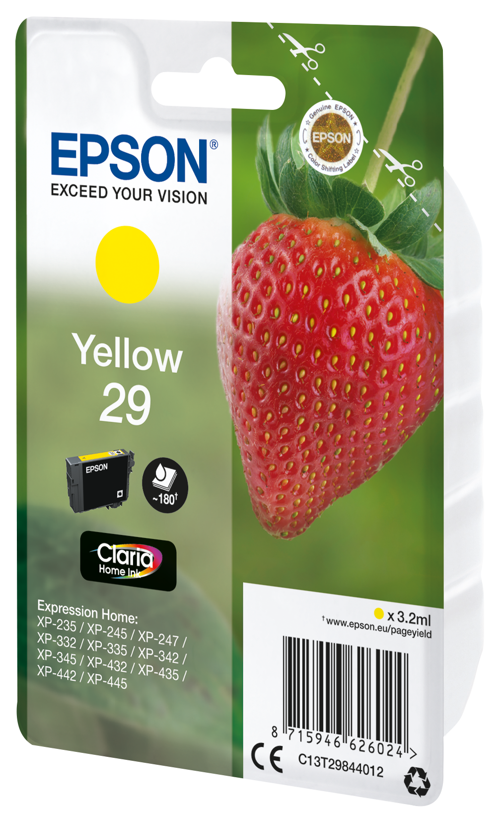 Karton z tuszem Epson Żółty 29, z truskawką i logo Epson.