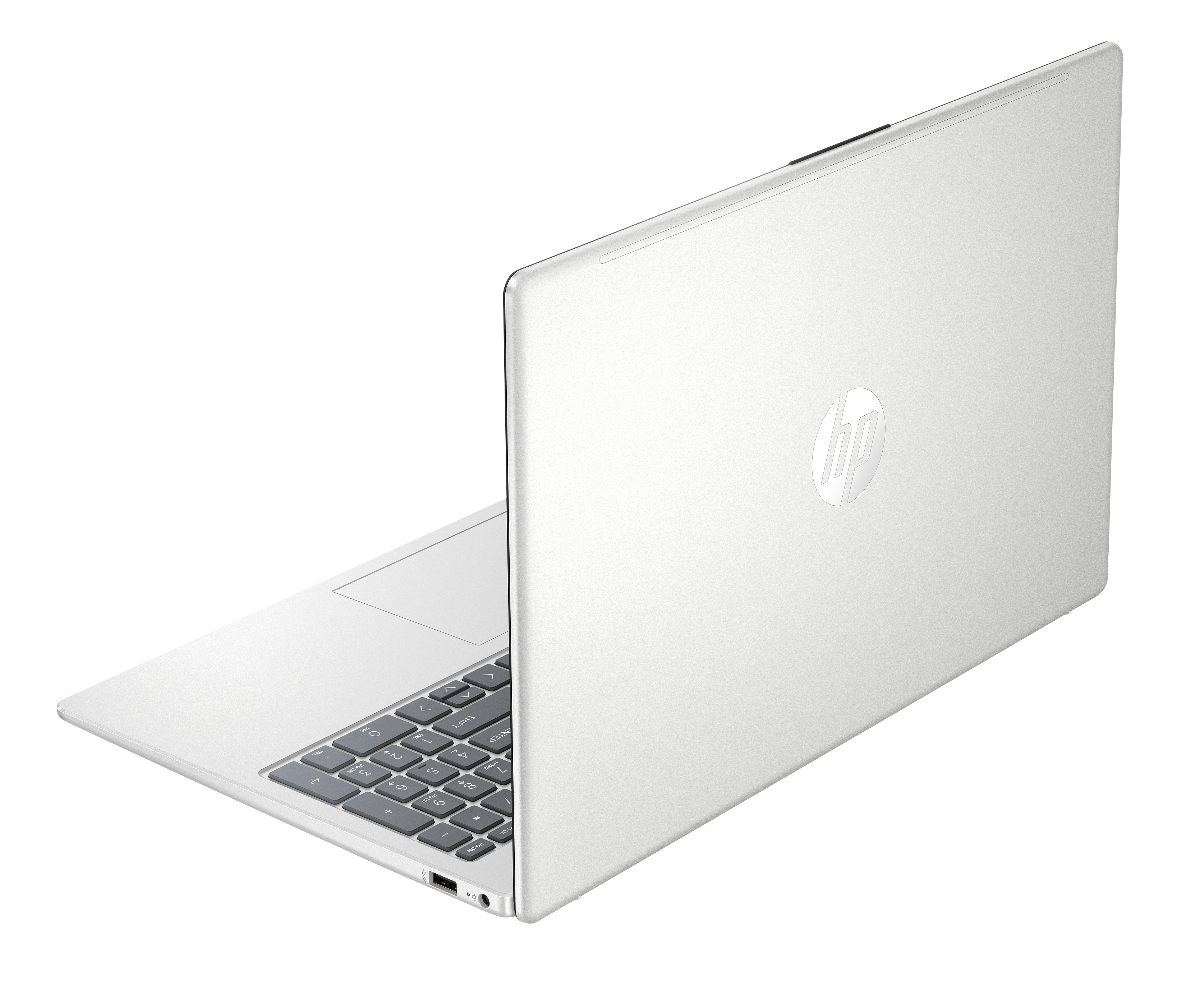Biały laptop HP jest otwarty, widać klawiaturę i obudowę.