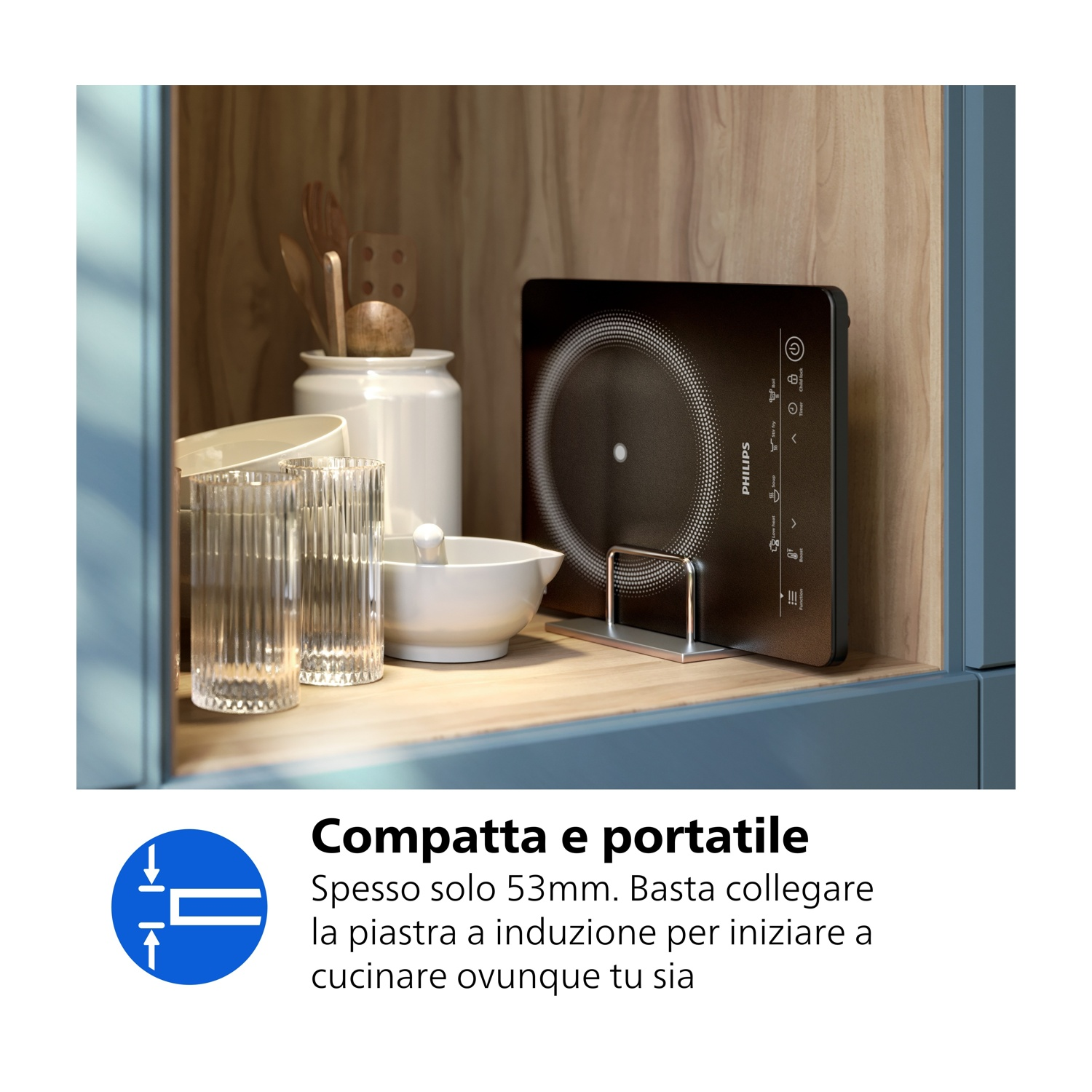 Piano cottura a induzione Philips nero con bicchieri e utensili da cucina su uno scaffale.