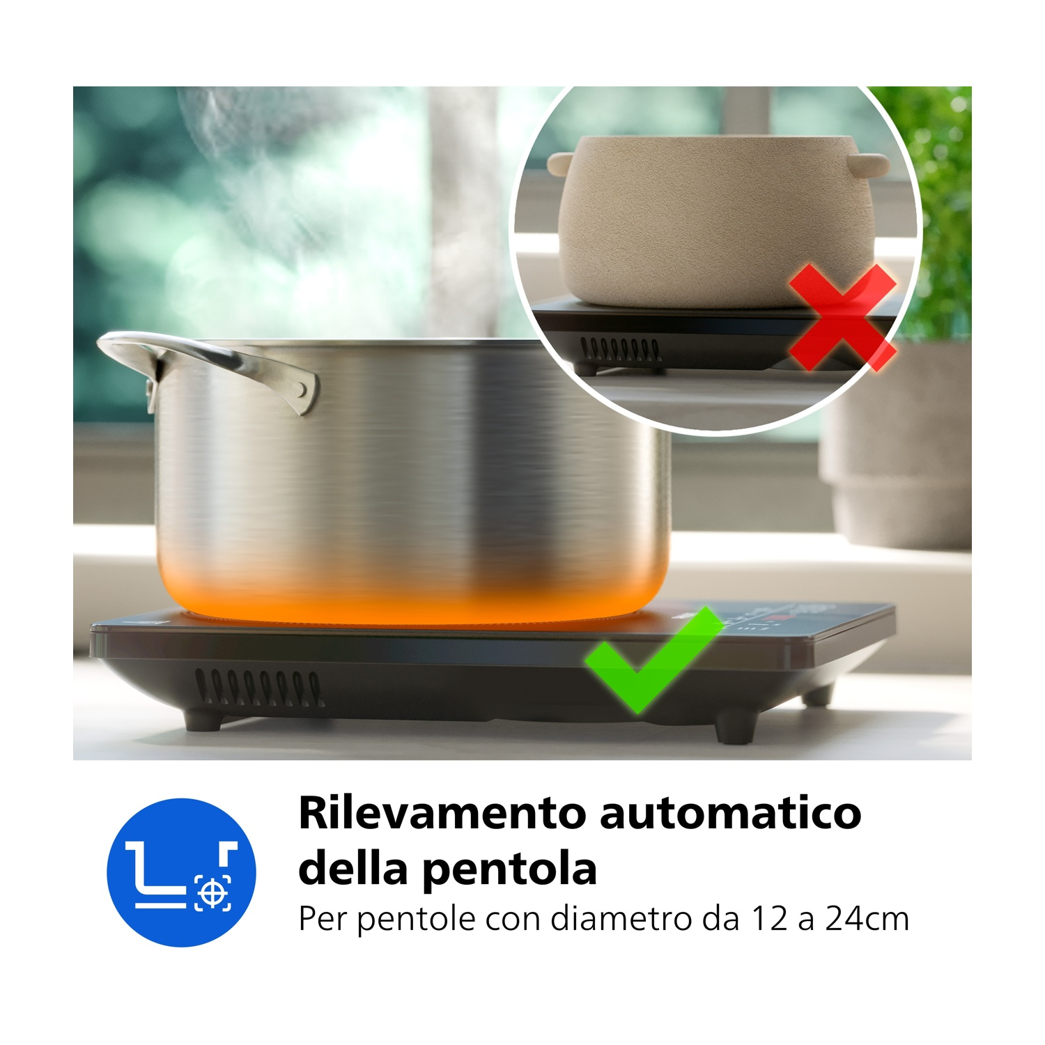 Una pentola si scalda su un piano a induzione. Una pentola più piccola non viene rilevata.