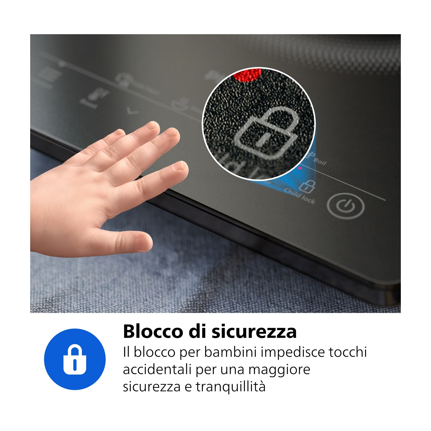 Una mano di bambino tocca il pannello di controllo con il simbolo del blocco bambini.