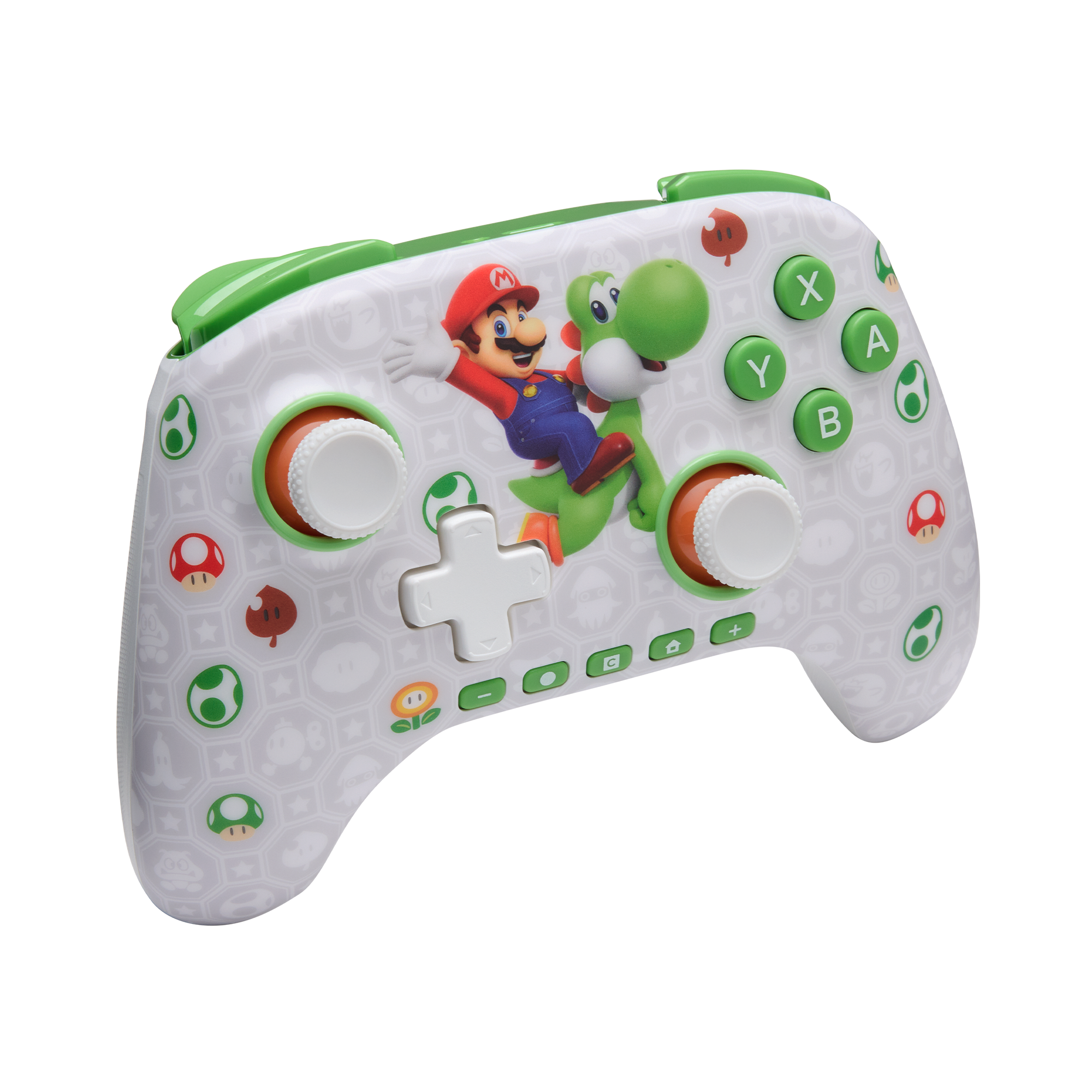Ein weißer Controller mit Mario und Yoshi, grünen Akzenten und Pilz-Symbolen.