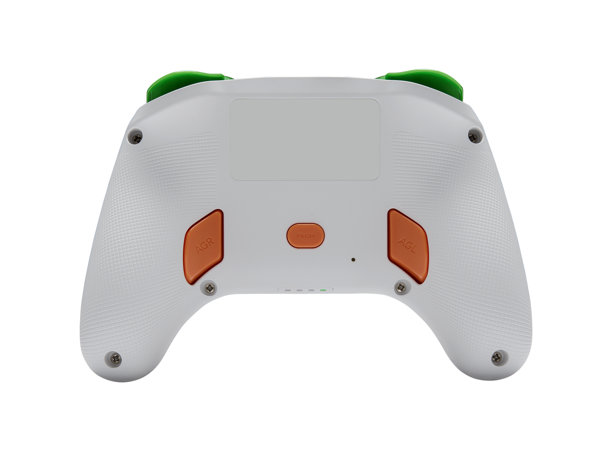Weiße Gaming-Controller-Rückseite mit grünen Akzenten und orangefarbenen Tasten.